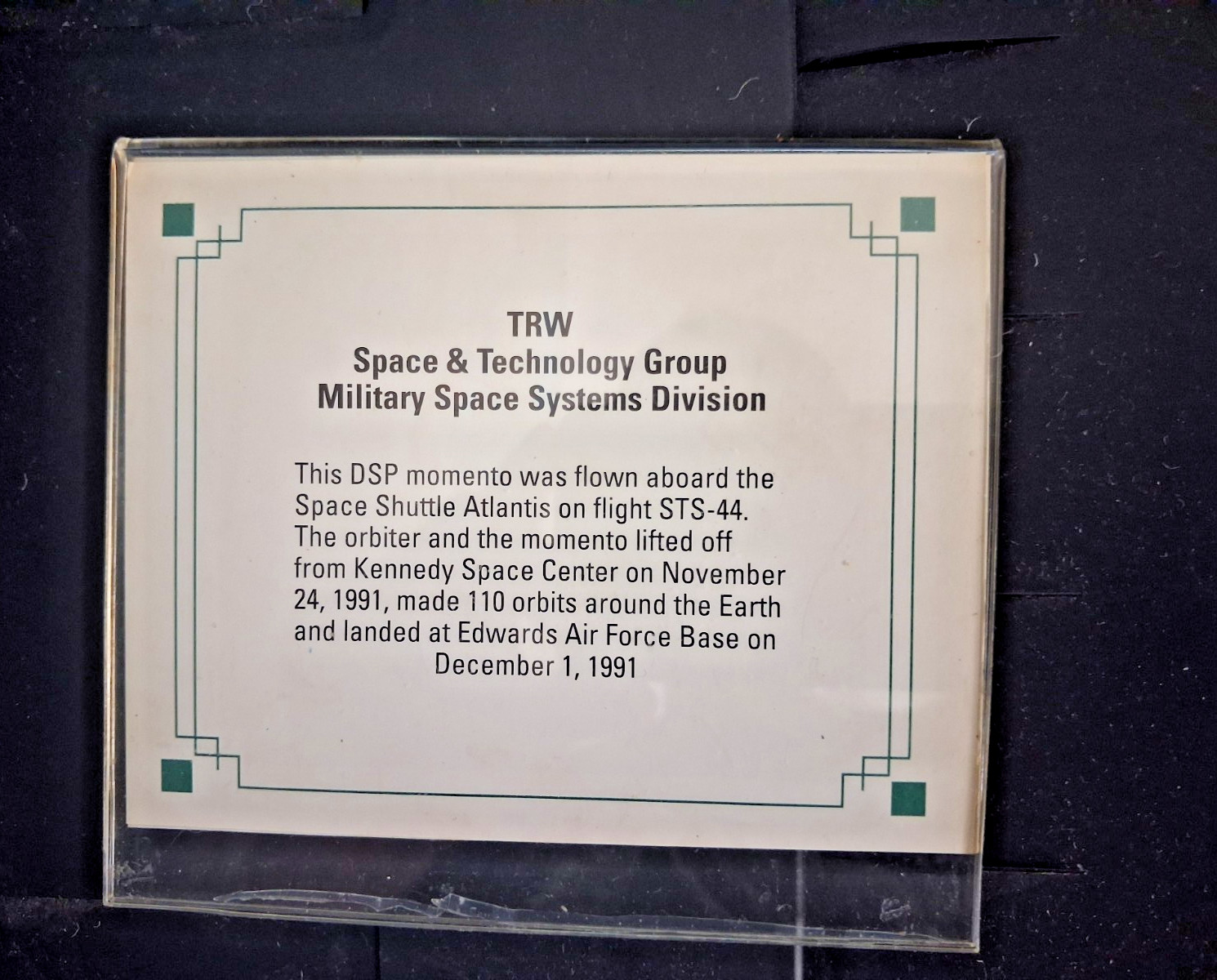 Vintage TRW Space Shuttle Atlantis Flight STS-44 Memorabilia Card FROM ORBIT