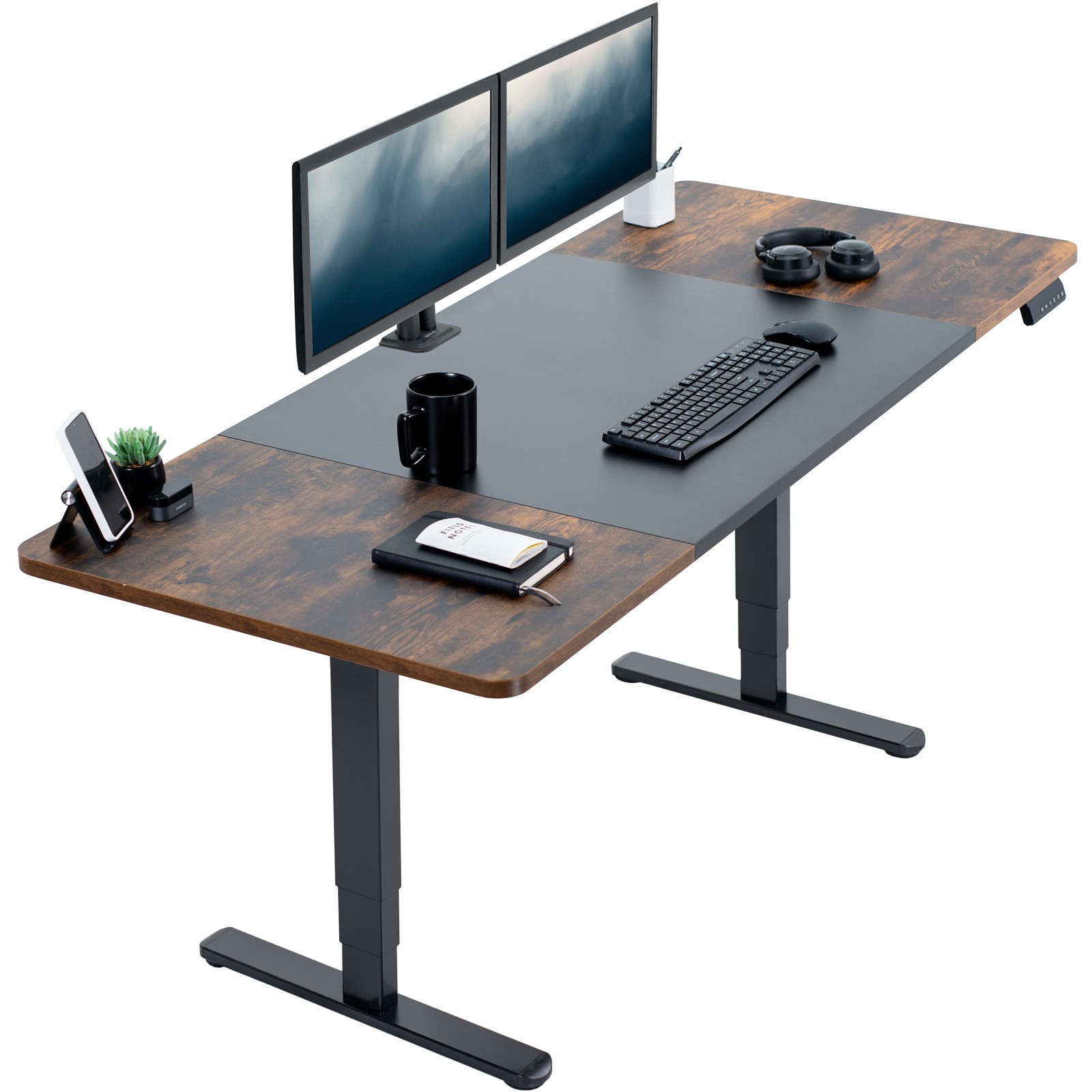 VIVO Electric 71” x 30” Desk, Black & Vintage Brown Table Top, Black Frame