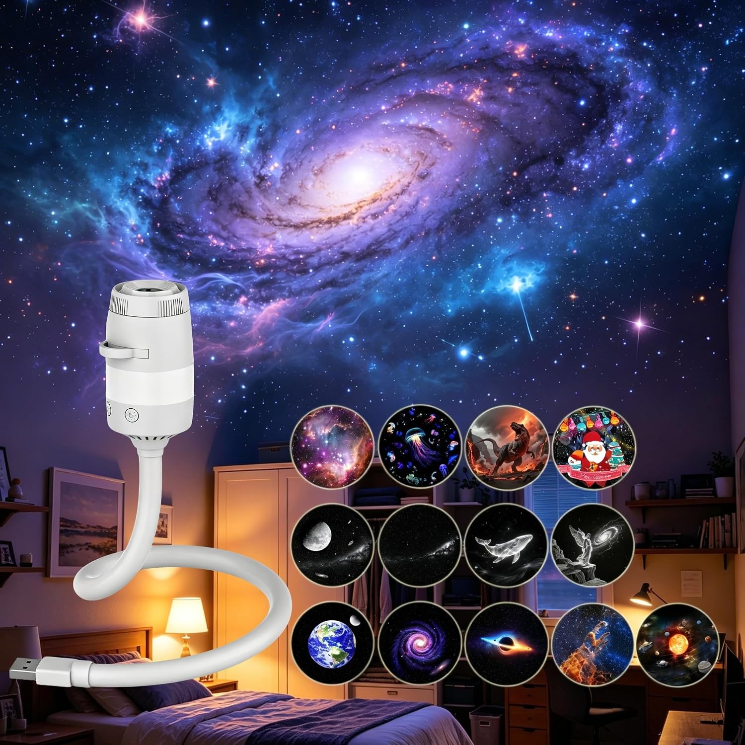 Hd Smart Dynamic 5d Holographic Night Light Projector, 2In1 Galaxy Night Light U