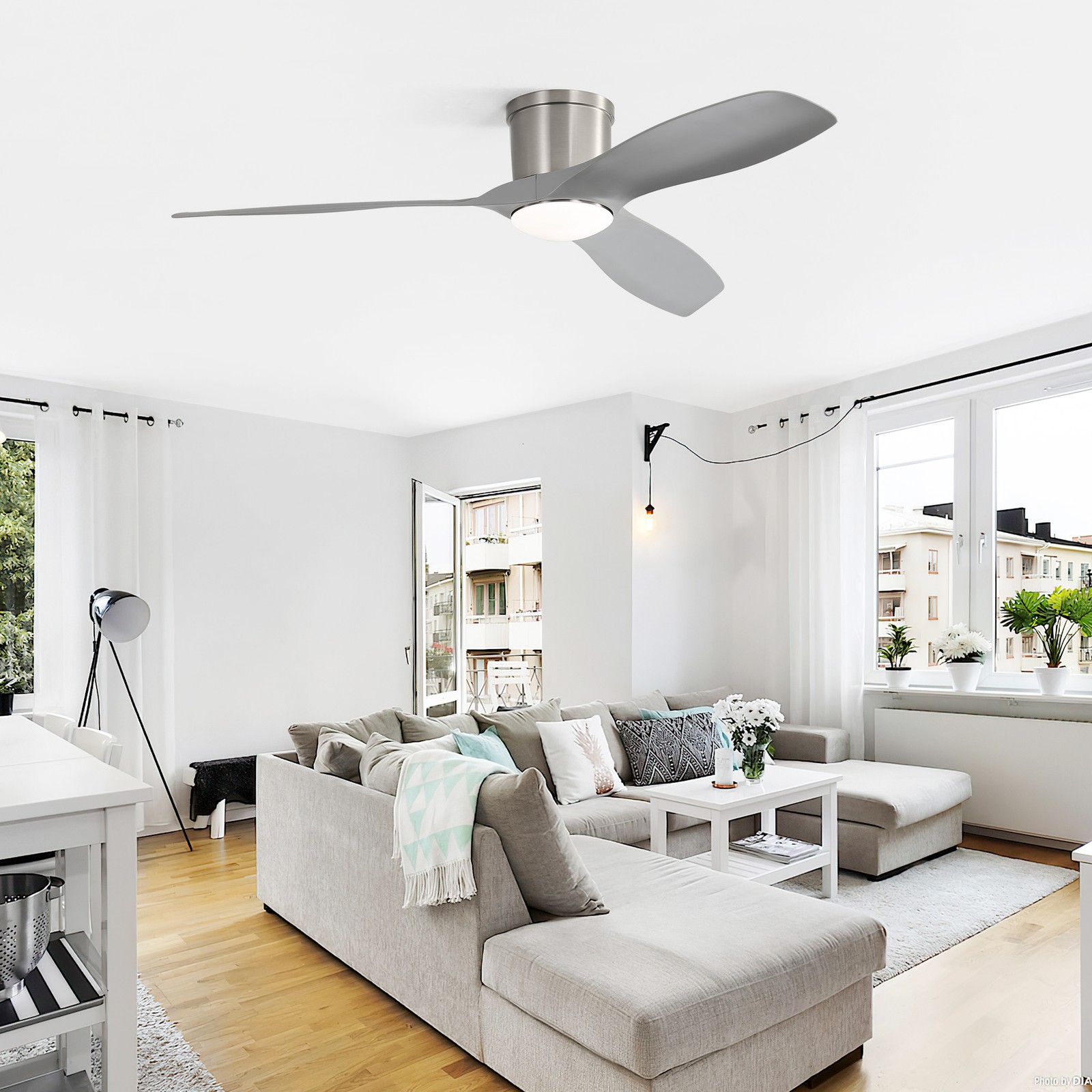 52"Flush Mount Ceiling Fan with Dimmable Led Light 3 ABS Fan Blades Reversible