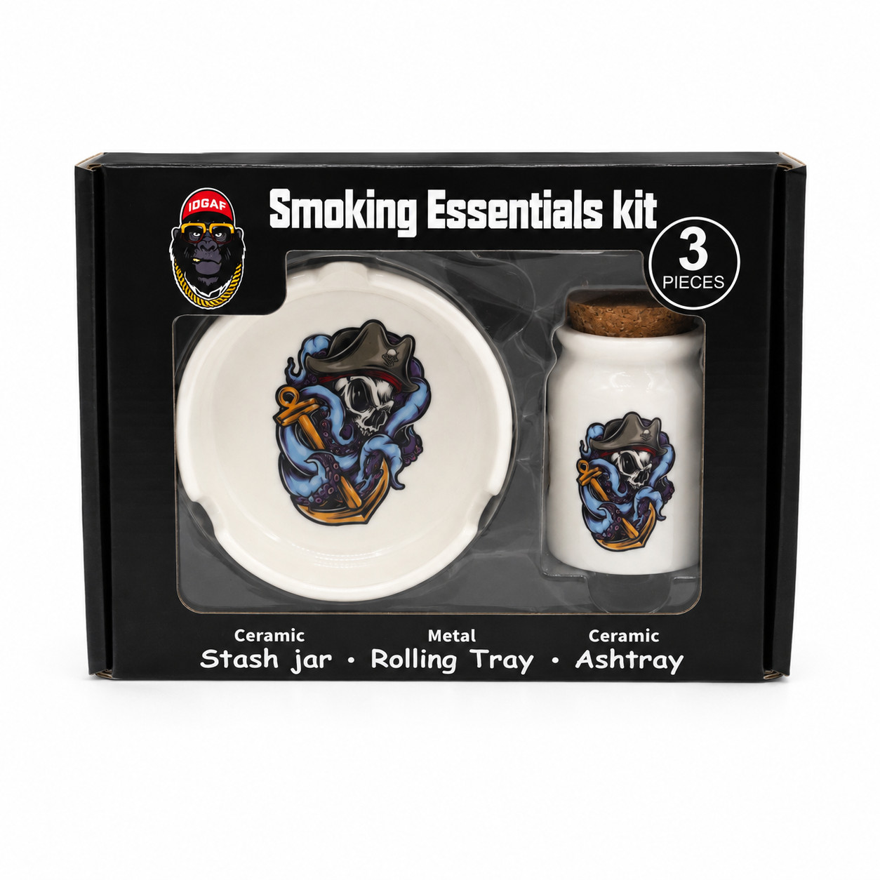 SMOKING ESSENTIALS KIT | 3 PIECES | CERAMIC | 1 COUNT | PIRATE SKULL DESIGN