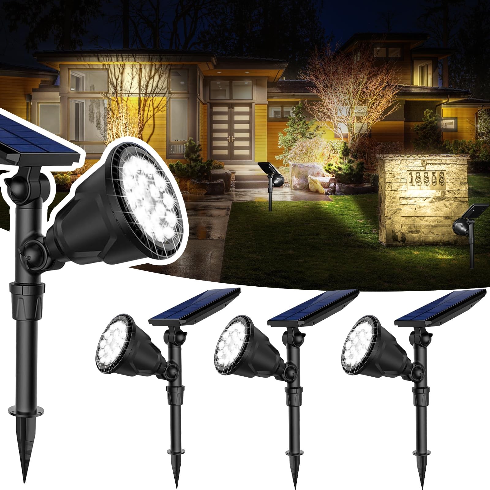 4 Pack of 600 LM Solar Spotlights - IP65 Waterproof Lights for Pathway & Garden
