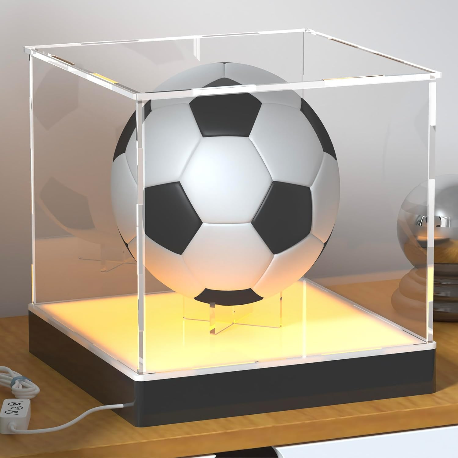 Acrylic Display Case with Ball Stand and USB RGB Lights, Light up Acrylic Displa
