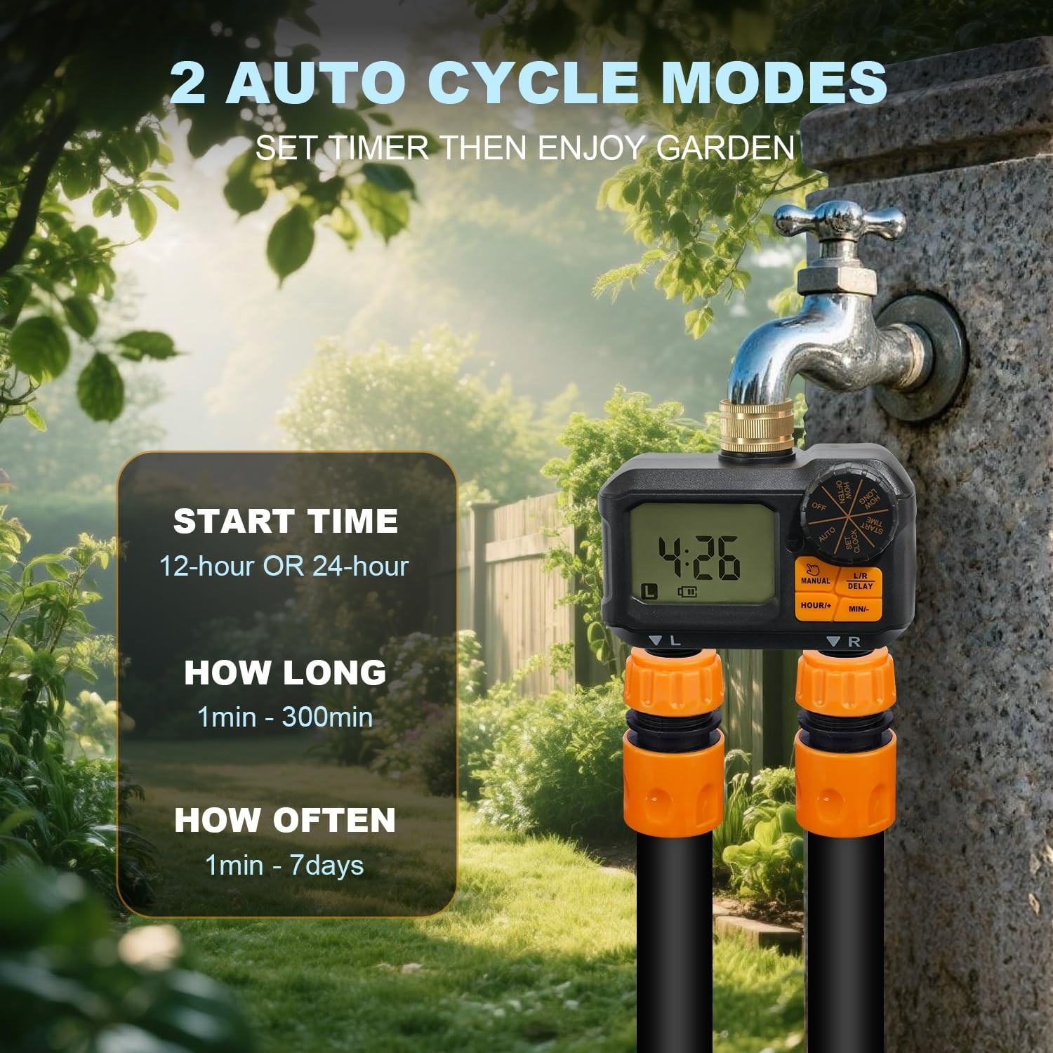 2 Zone Garden Hose Water Timer - Programmable Sprinkler with Rain Delay & Manual