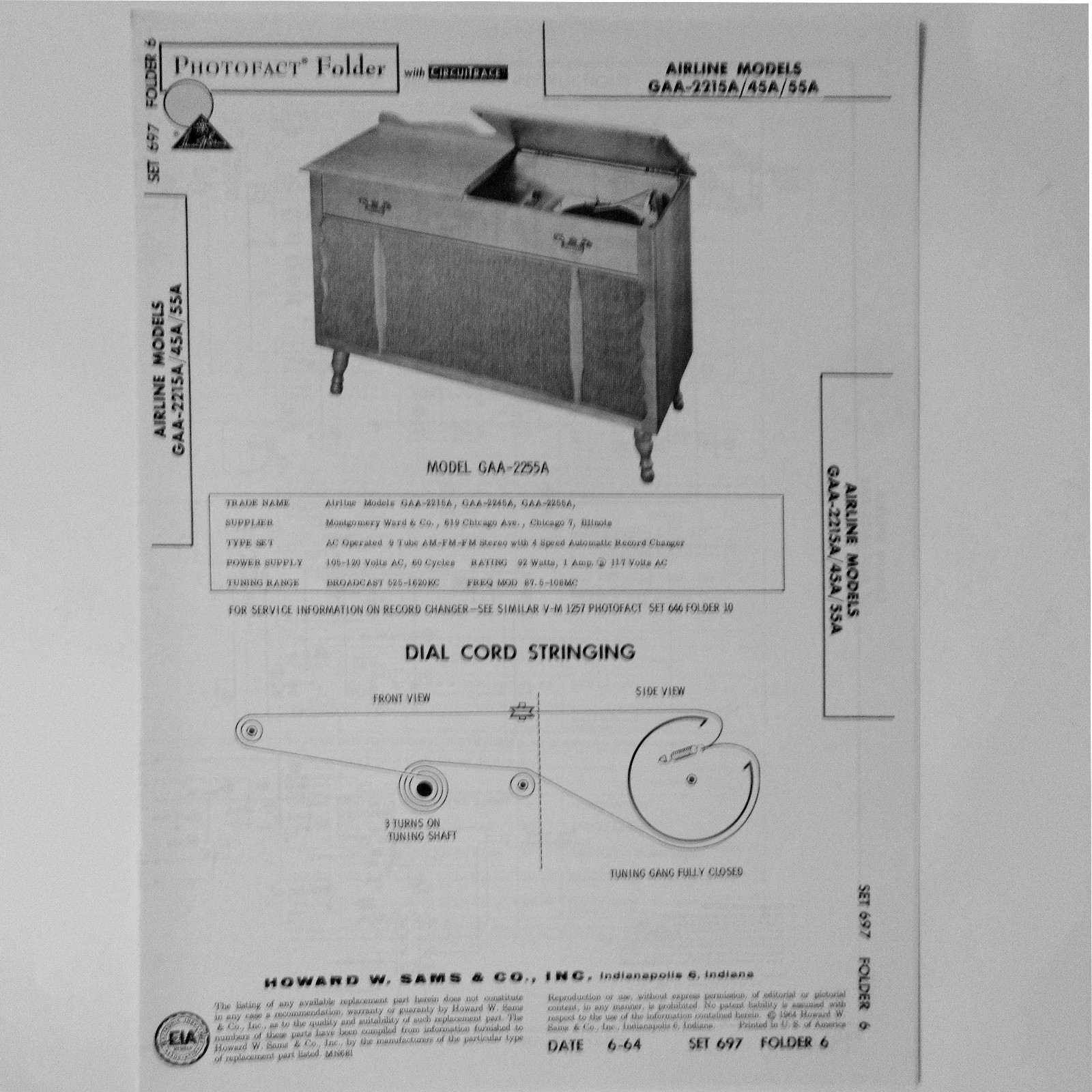 Airline Models GAA-2215A GAA-2245A GAA-2255A Console SAMS Photofact ™ 1964 New