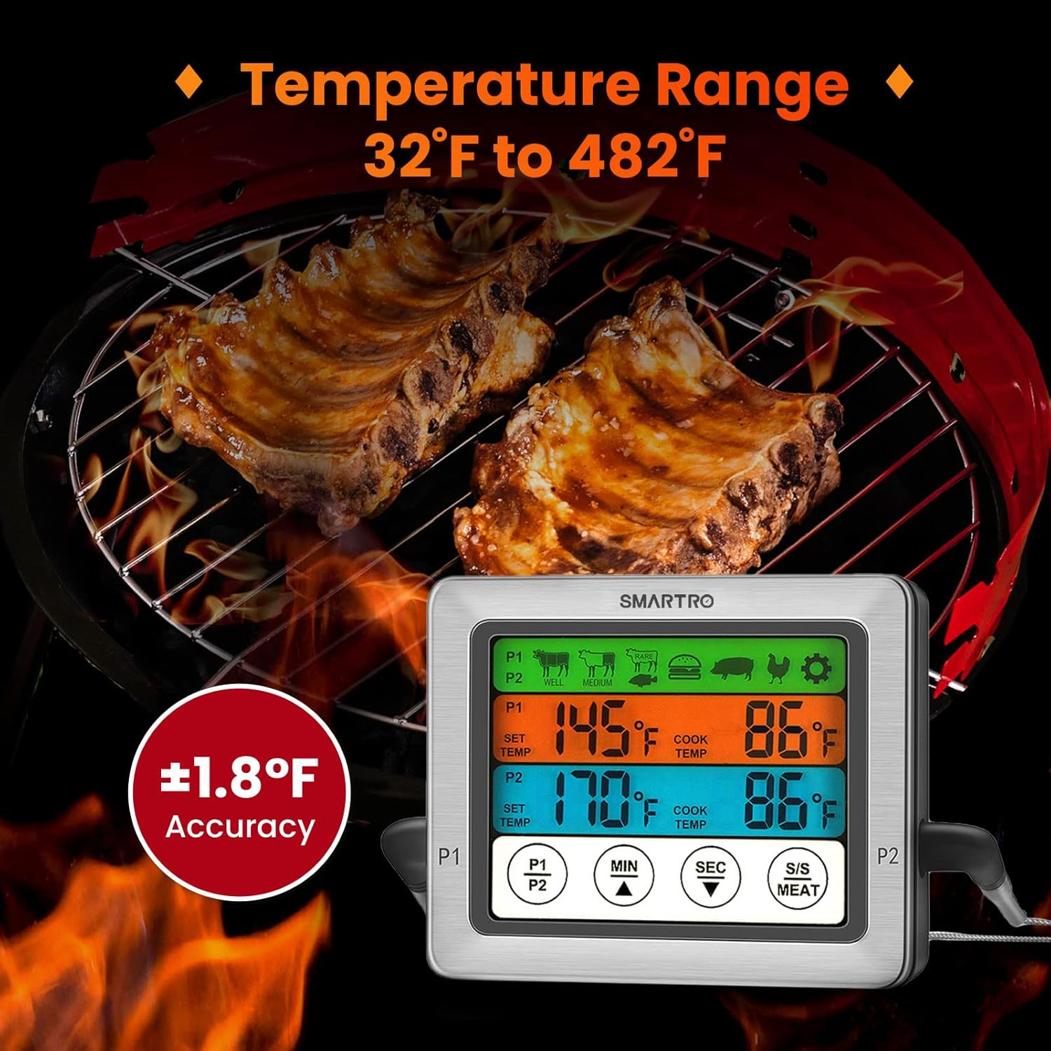 Dual Probe Meat Thermometer Digital BBQ Grill Smoker Oven Timer LCD
