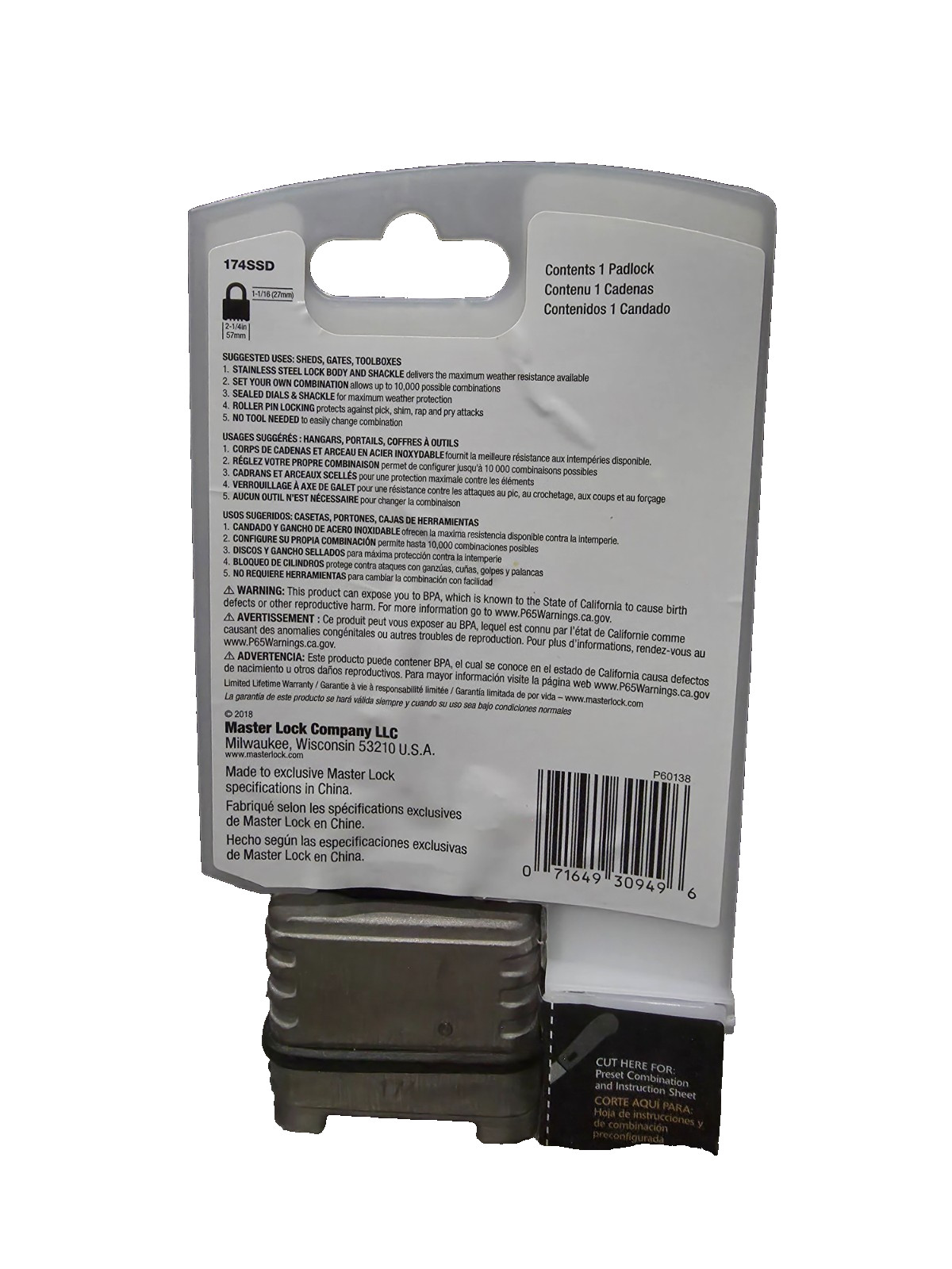 MasterLock Stainless Steel Outdoor Combination Lock Resettable 174SSD