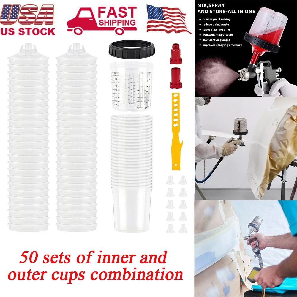 50Pcs 20oz(600ml) Disposable Paint Spray Cup Gun Cup Liners & Lid System Kit