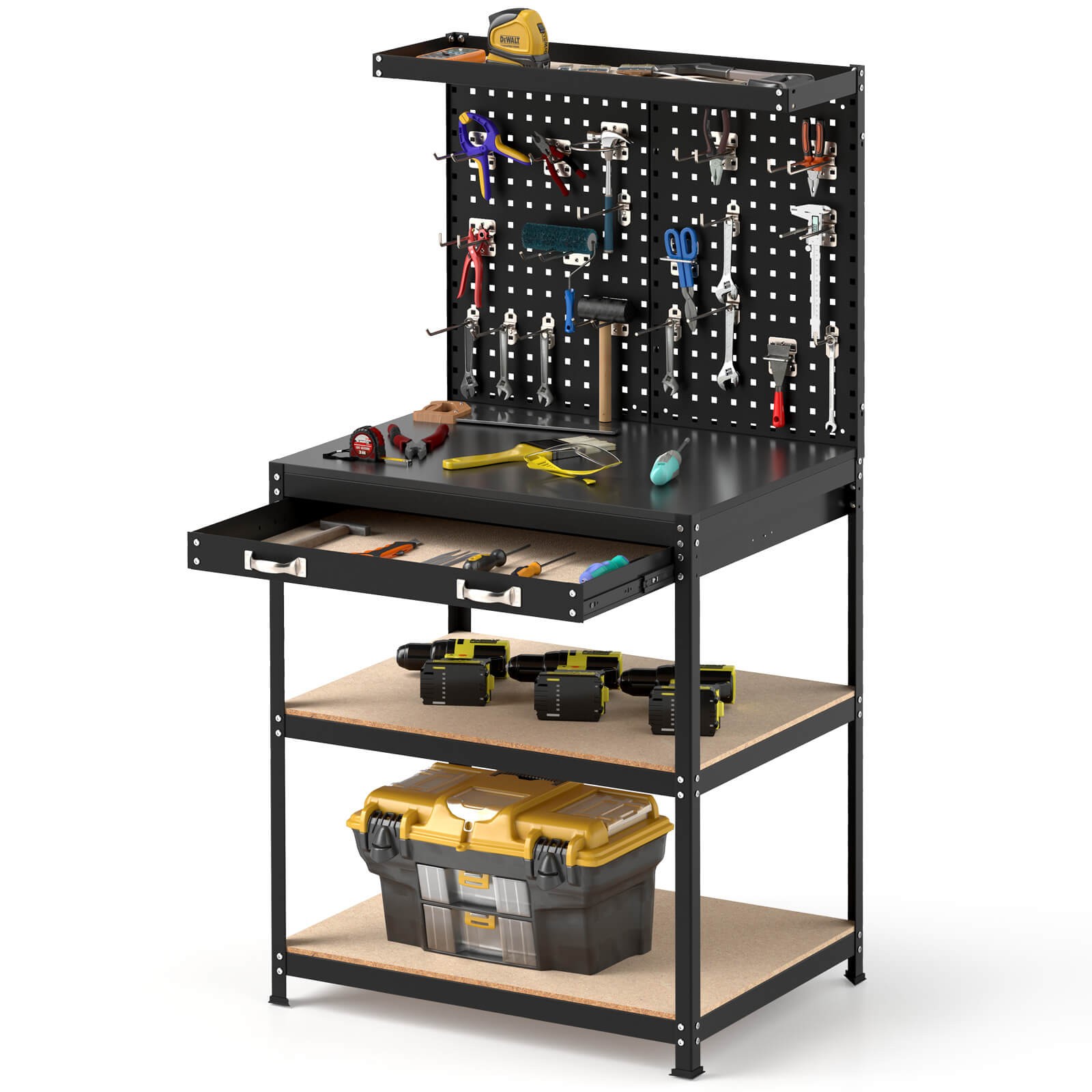 32" x 16" Workbench with Pegboard 20PCS Tool Hooks Drawer and Open Shelves