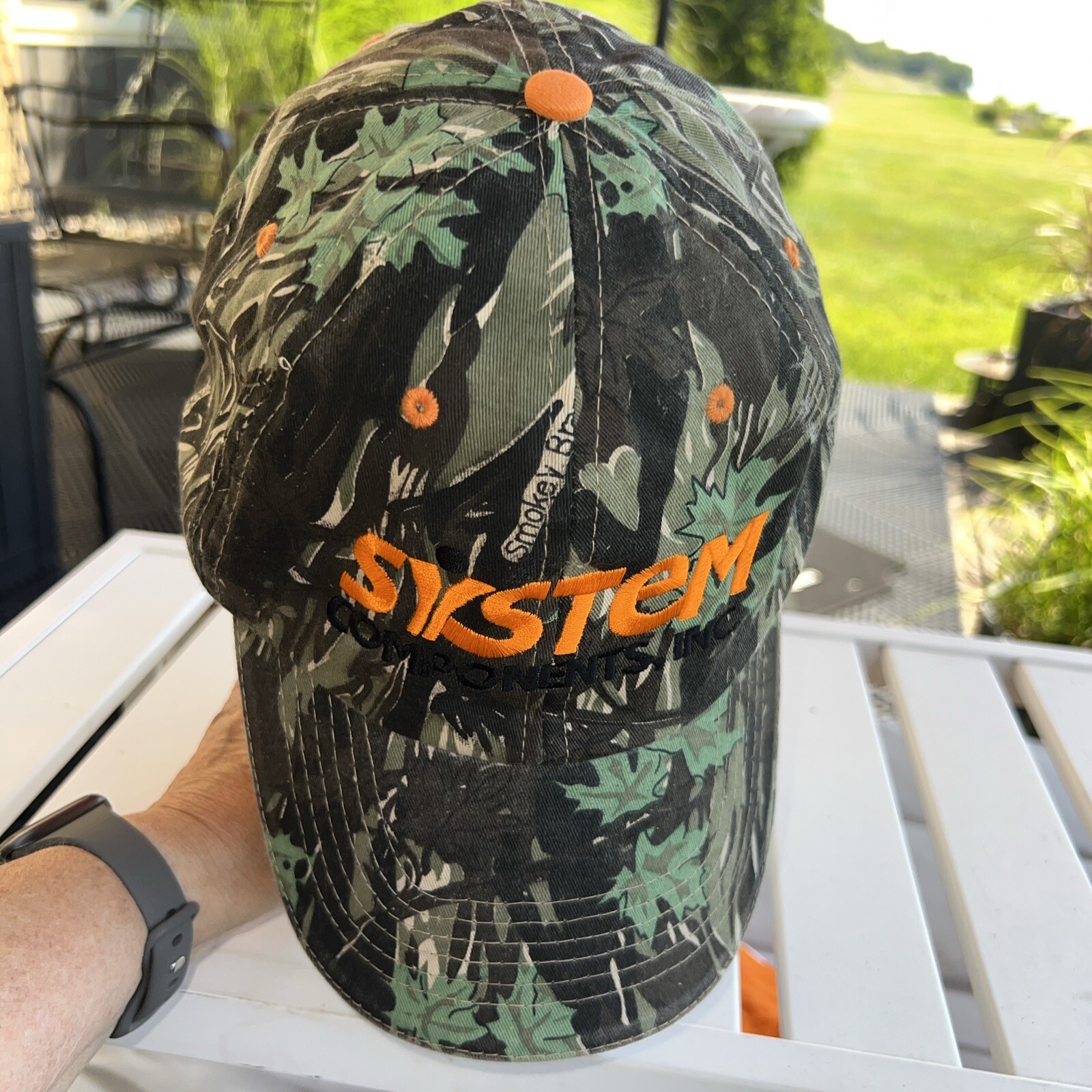 SYSTEM in Orange on Camouflage Hat Cap Smokey Branch Fabric Hook Loop Cotton