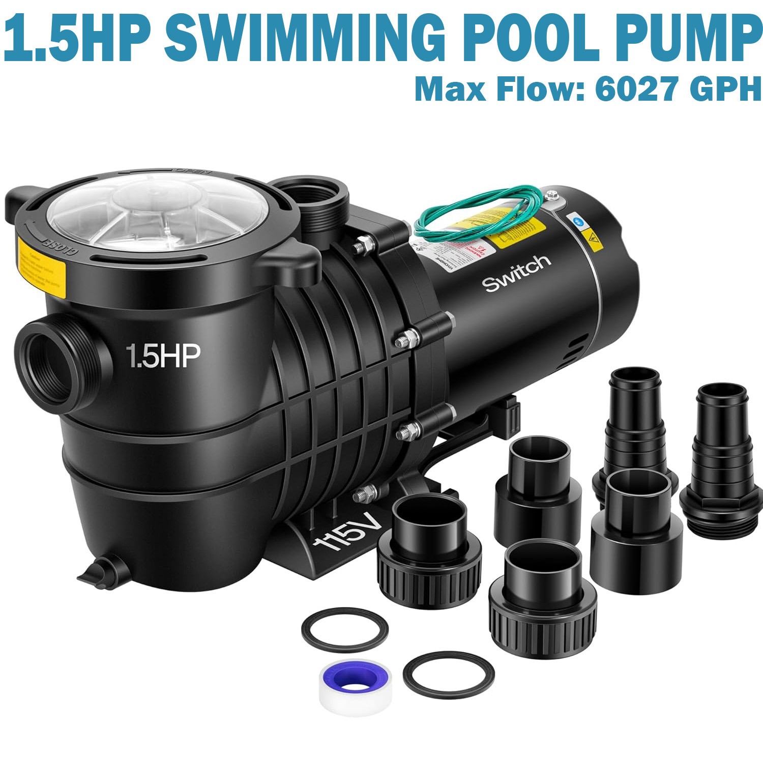1.5HP Swimming Pool Pump 6027GPH Self Primming In/Above Ground w/ ON/OFF Switch