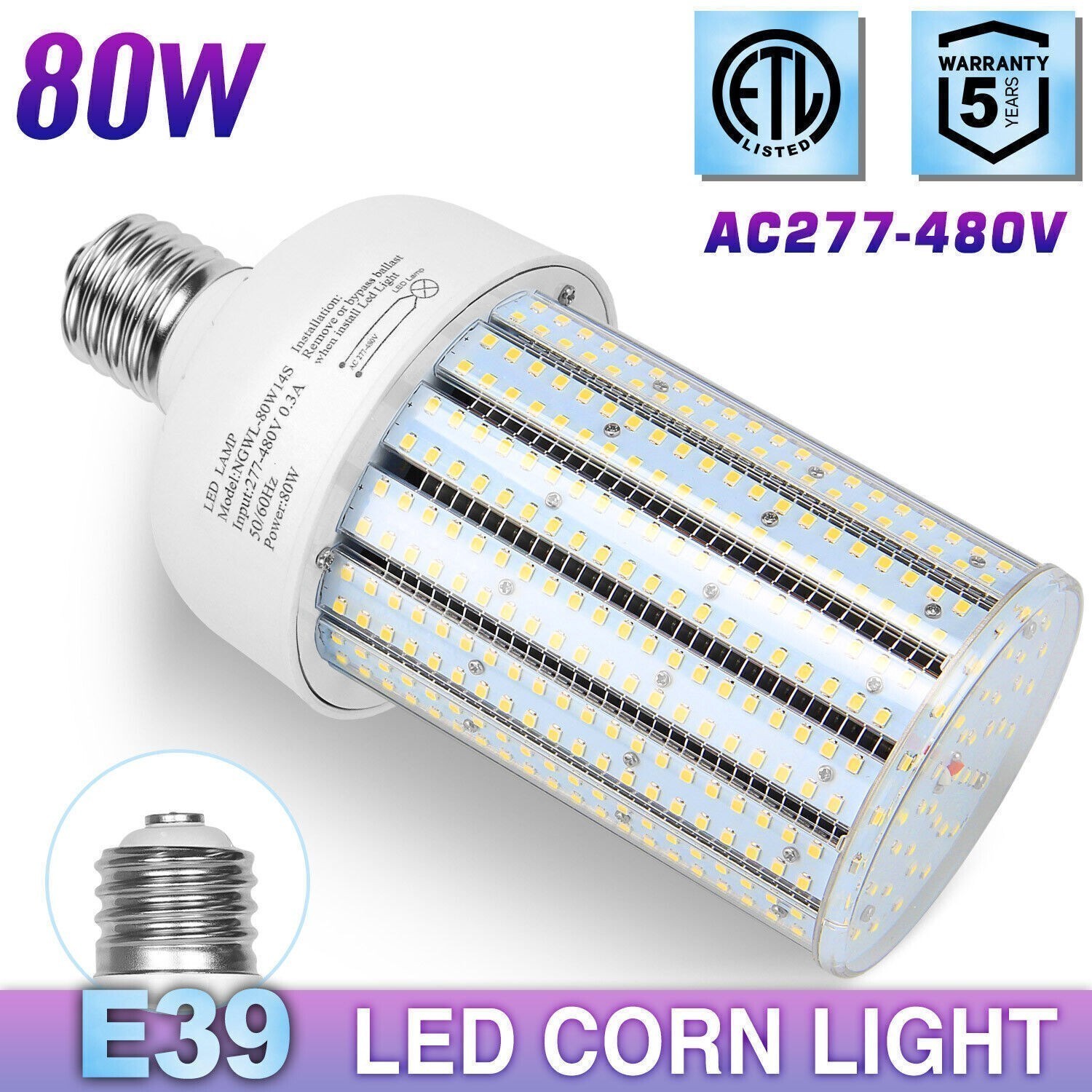 80W LED Corn Bulb Light Replace 300W Metal Halide High Bay Blub 6000K AC277-480V