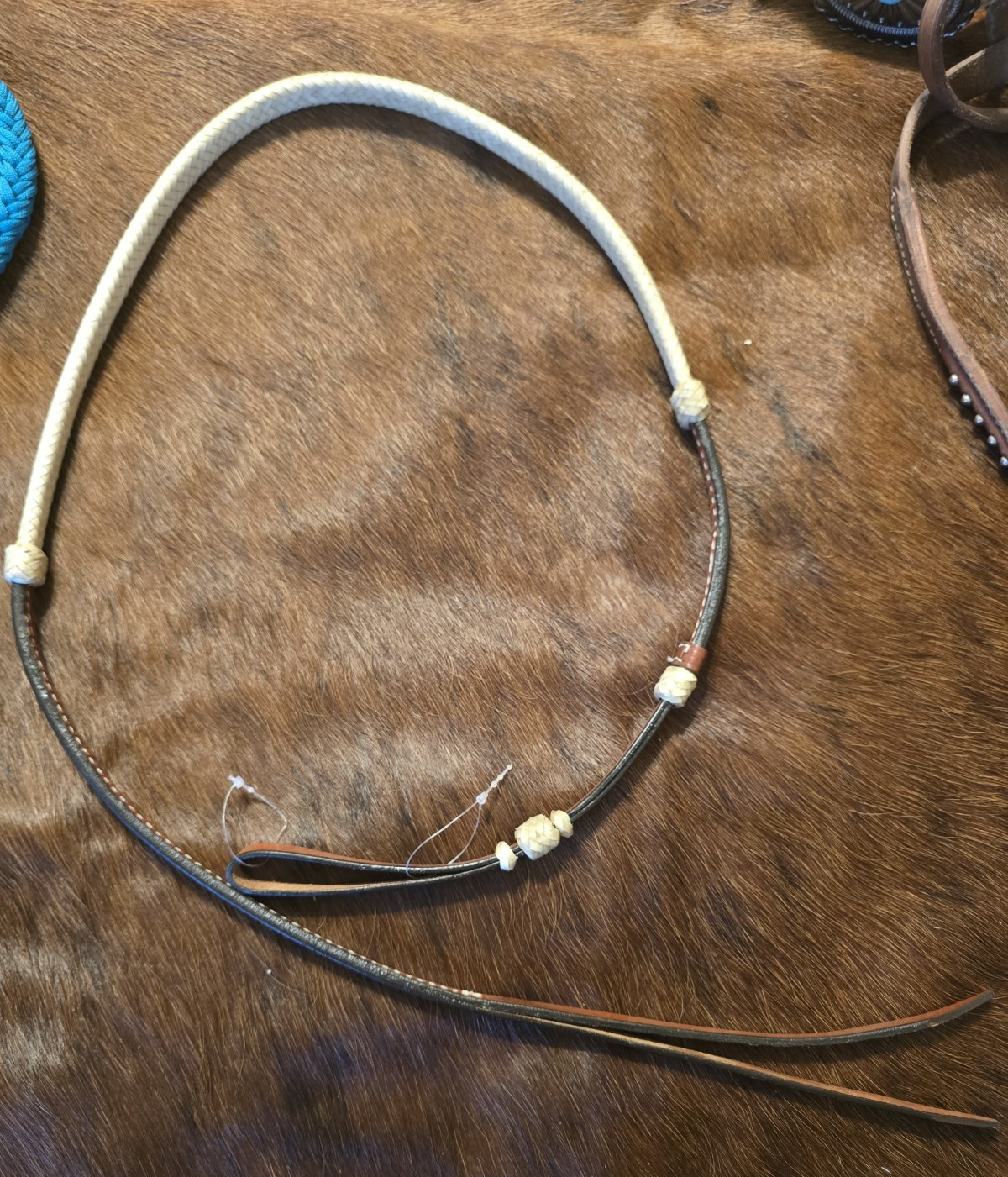 Leather/Rawhide Quirt, Brown w/ Beige Braided Rawhide Accents