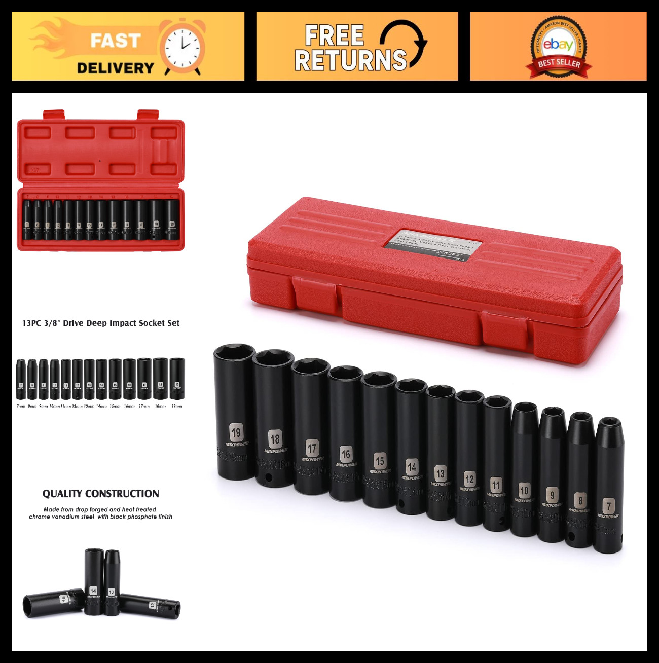 13-Piece 3/8" Drive Deep Impact Socket Set, Metric 7mm-19mm, 6 Point CR-V Tools