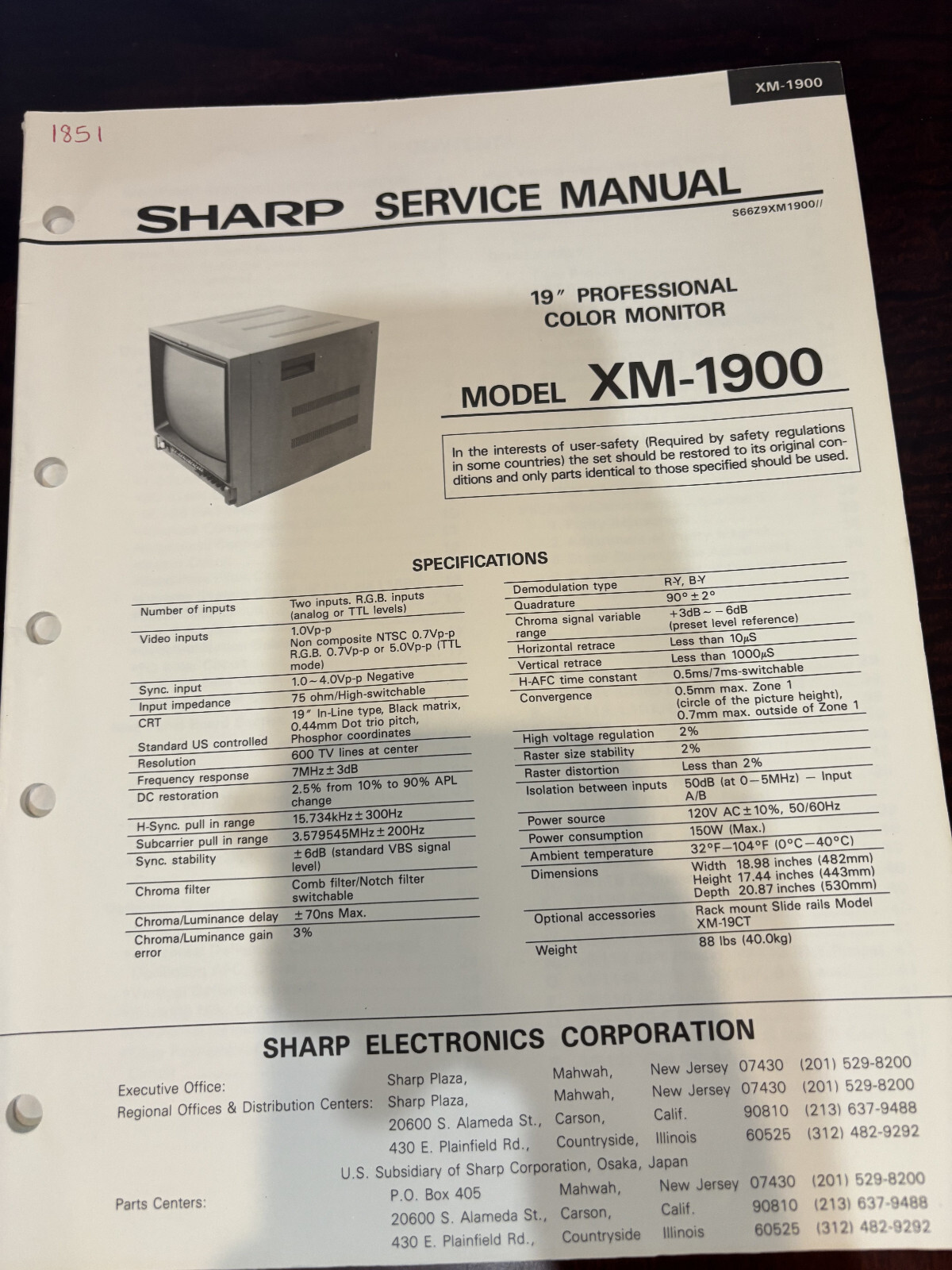 ORIG. SHARP XM-1900 XM1900 MONITOR Repair & Service Manual 1851 3793 *ORIGINAL*