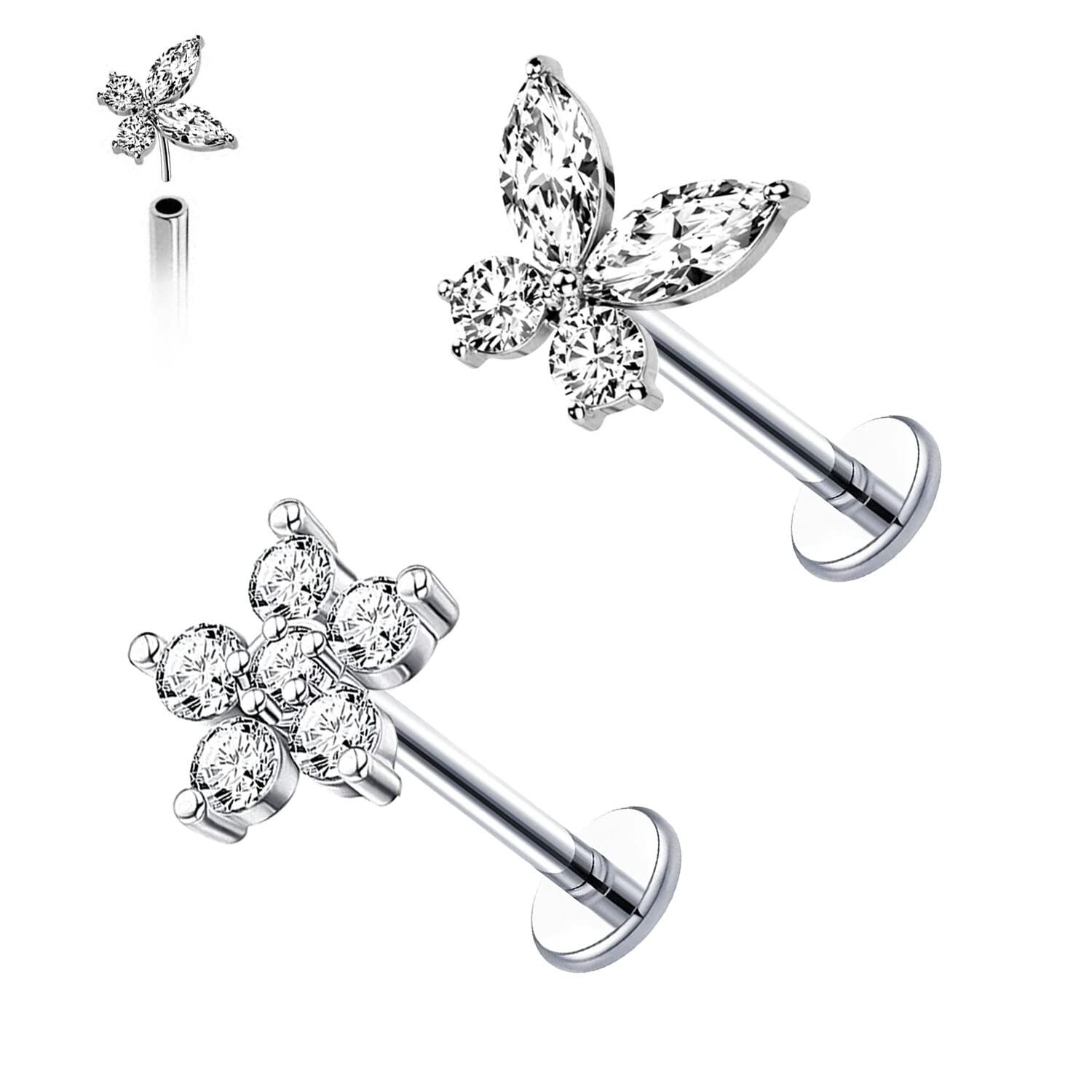 VERAMI 16G Surgical Steel Pushin Lip Rings Butterfly Flower Bee Nose Stud Rin...