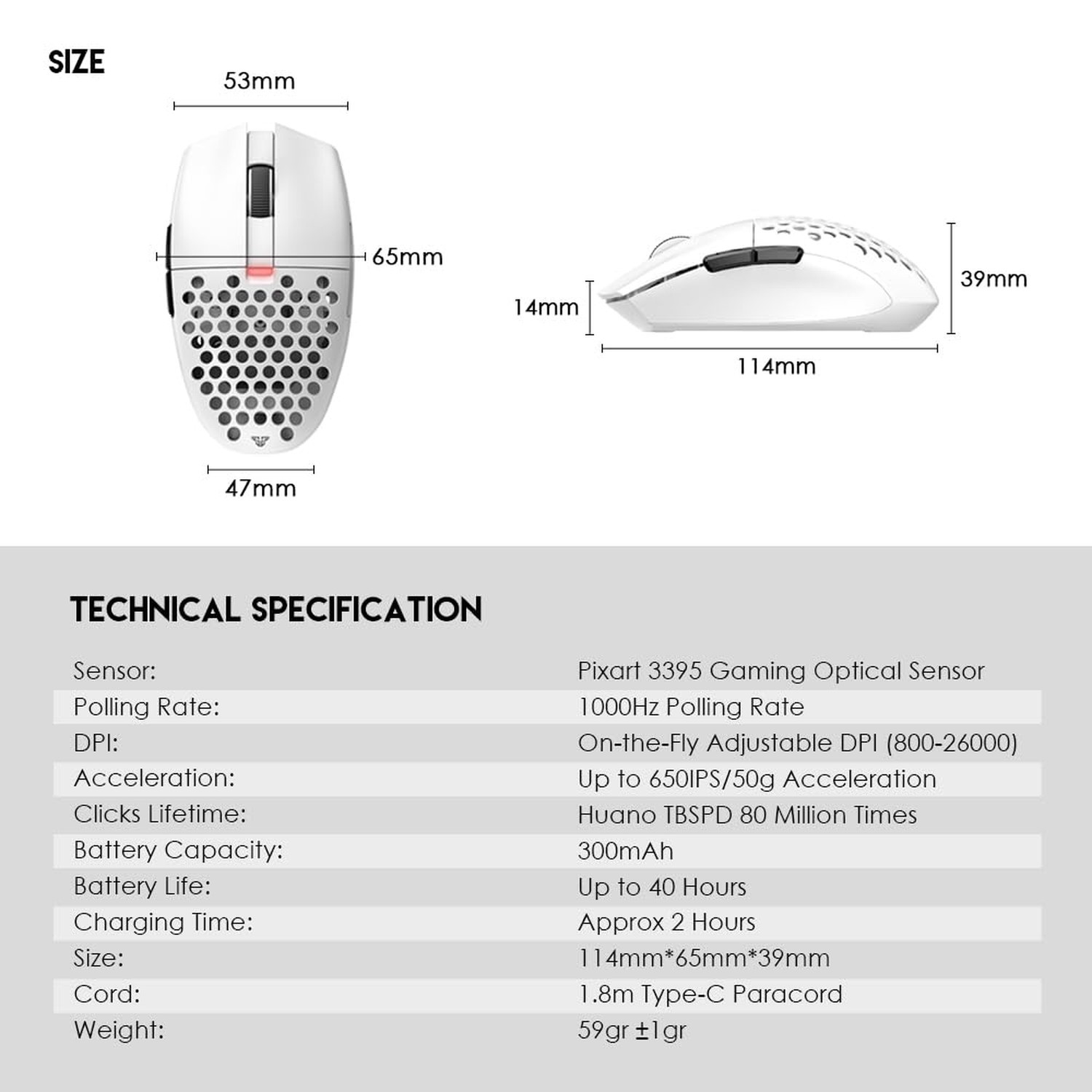 FANTECH Aria XD7 Wireless Gaming Mouse - 59g Lightweight 3395 Sensor, White