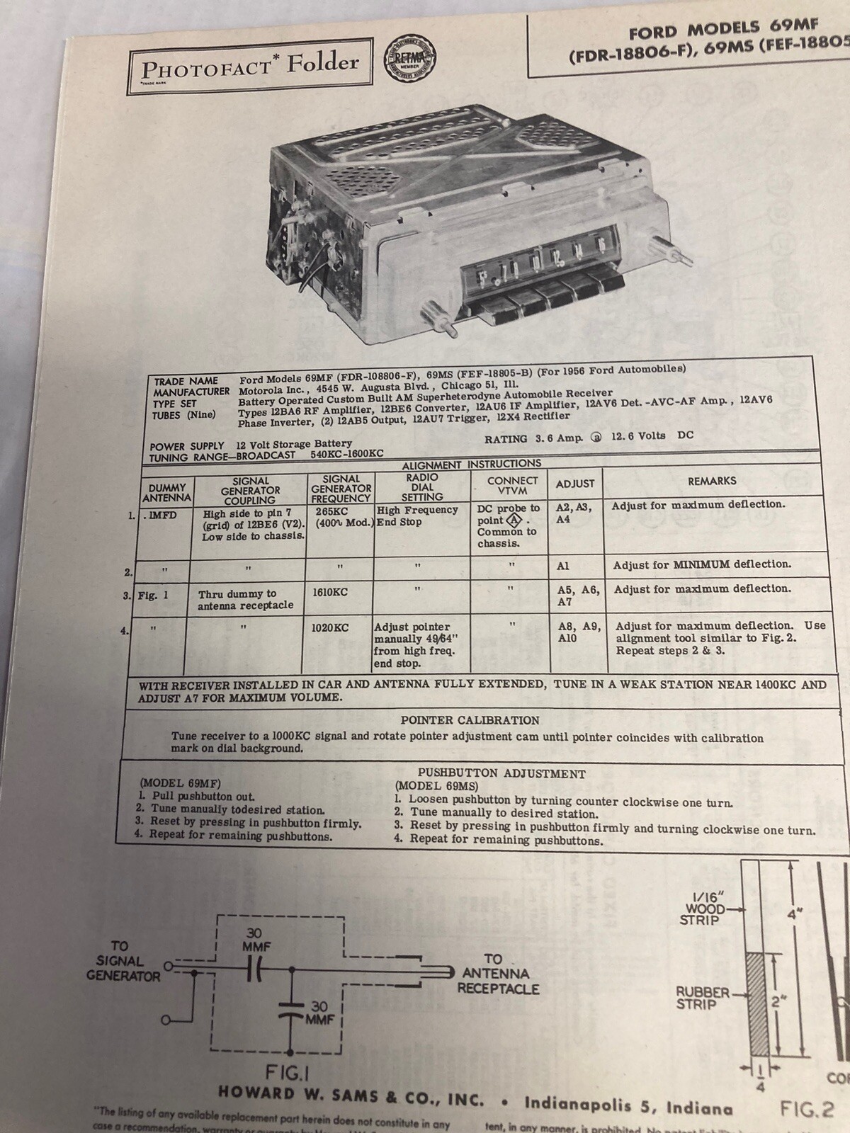 1956 FORD RADIO, MODEL 69MF (FDR-18806-F) 12 VOLT  PHOTOFACT FOLDER AUTO