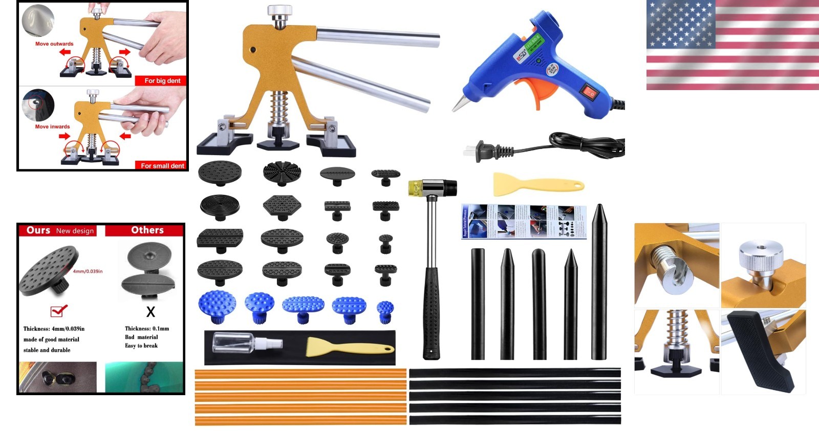 Auto Dent Puller Kit - Adjustable Golden Dent Remover Tools Paintless Dent Repai