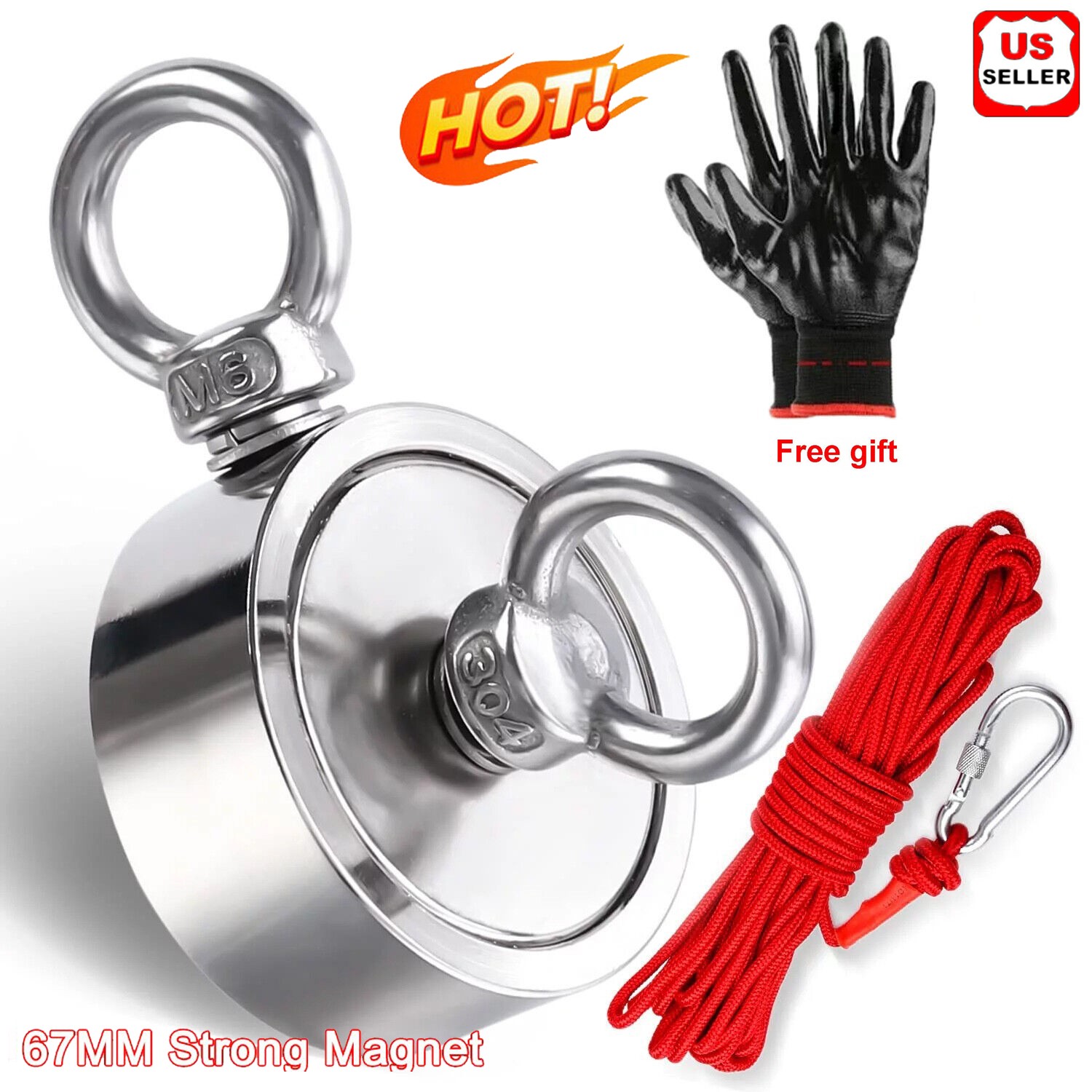 2000 LBS Strong Fishing Magnet Kit Double-Sided Pull Force and Rope Carabiner US