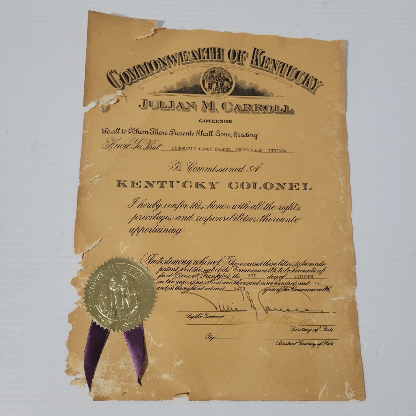 Commonwealth of Kentucky Commissioned Kentucky Colonel Plaque Certificate 1984