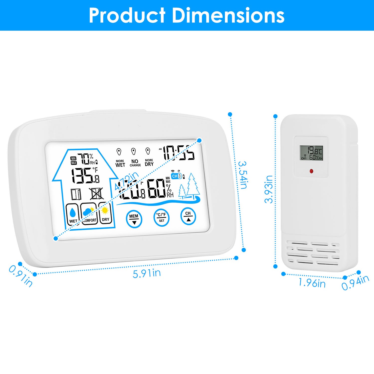 Wireless Weather Station Clock 196ft Indoor Outdoor Thermometer Humidity Monitor