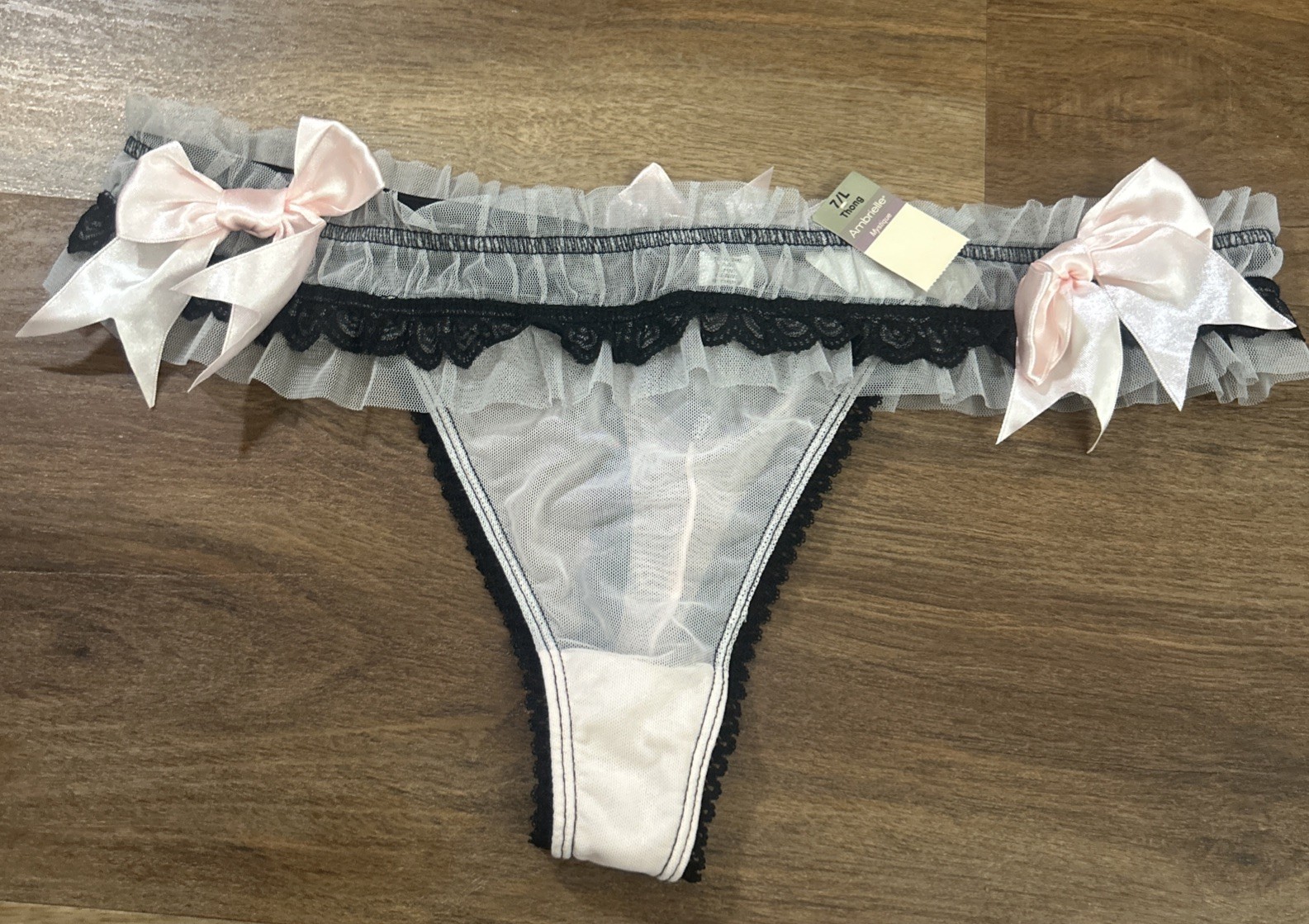Vtg Y2K Ambrielle Pink Black Mesh Thong Panties Bows Sz L NWT