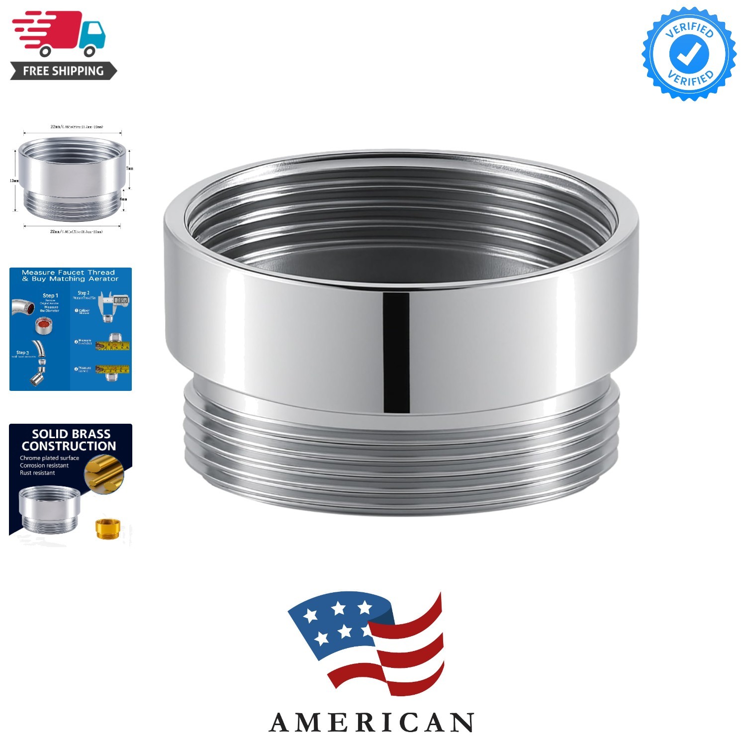 Faucet Aerator Adapter - 55/64 inch Female to 55/64 inch Male, Chrome Brass S...