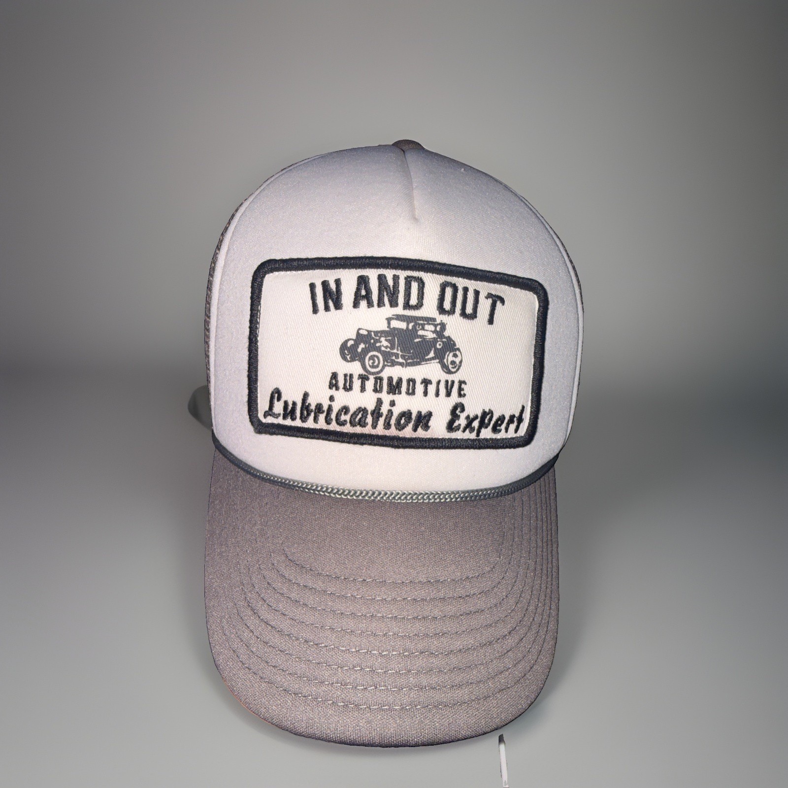 IN AND OUT Automotive Lubrication Expert Antique Car in Black White Gray Hat Cap
