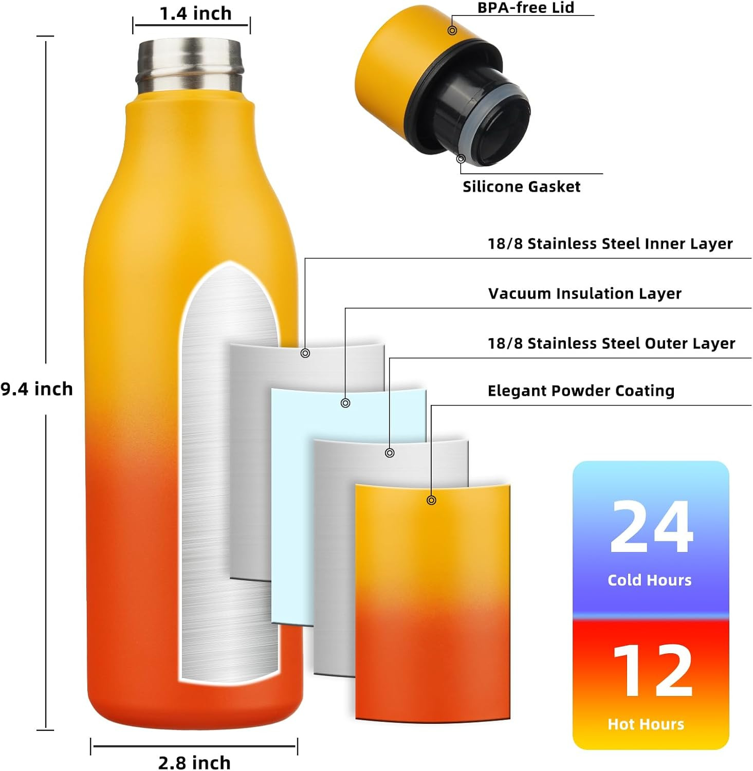 Insulated Water Bottles, 18 Oz Stainless Steel Metal Water Bottle with Strap, BP