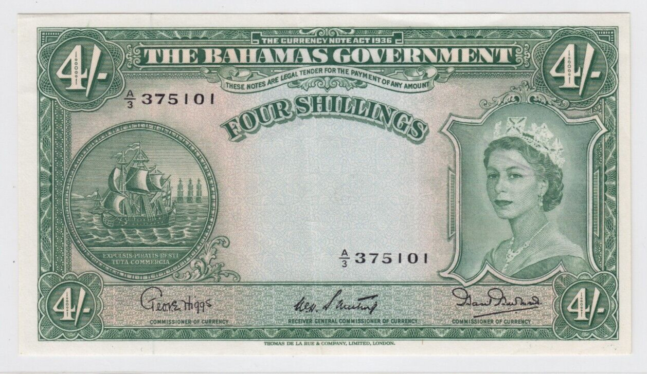 1953 (No Date) Bahamas 4 Shillings Banknote Pick #13b A/3 375101
