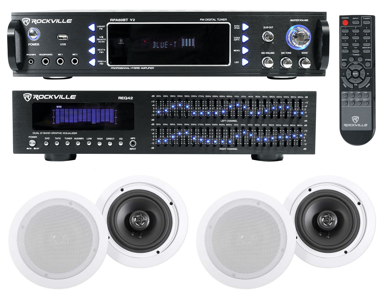 Rockville Home Theater Bluetooth Receiver+Equalizer EQ+(4) 6.5" Ceiling Speakers