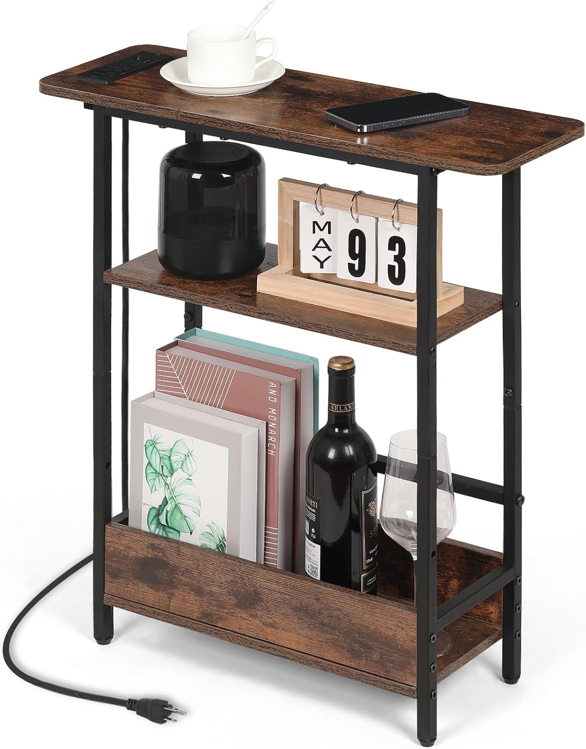 Narrow Side Table W/ USB-C Charging Station 3-Tier Slim End Table W/ Magazine