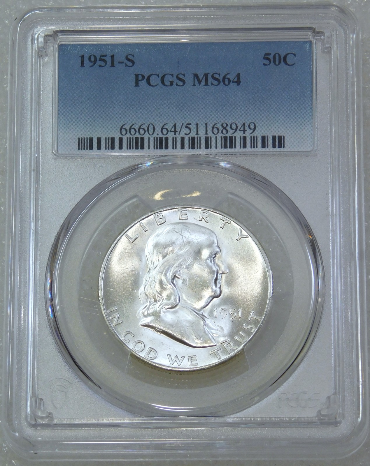 1951-S Franklin Half Dollar PCGS MS64 95% FBL Just Graded New Holder #CB13Z