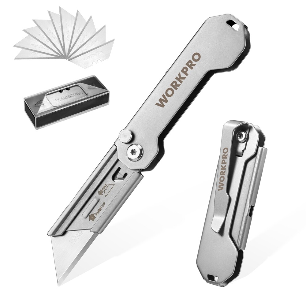 WORKPRO 2PC Folding Utility Knife 10 Extra Blade Box Cutter Quick Open Axis Lock
