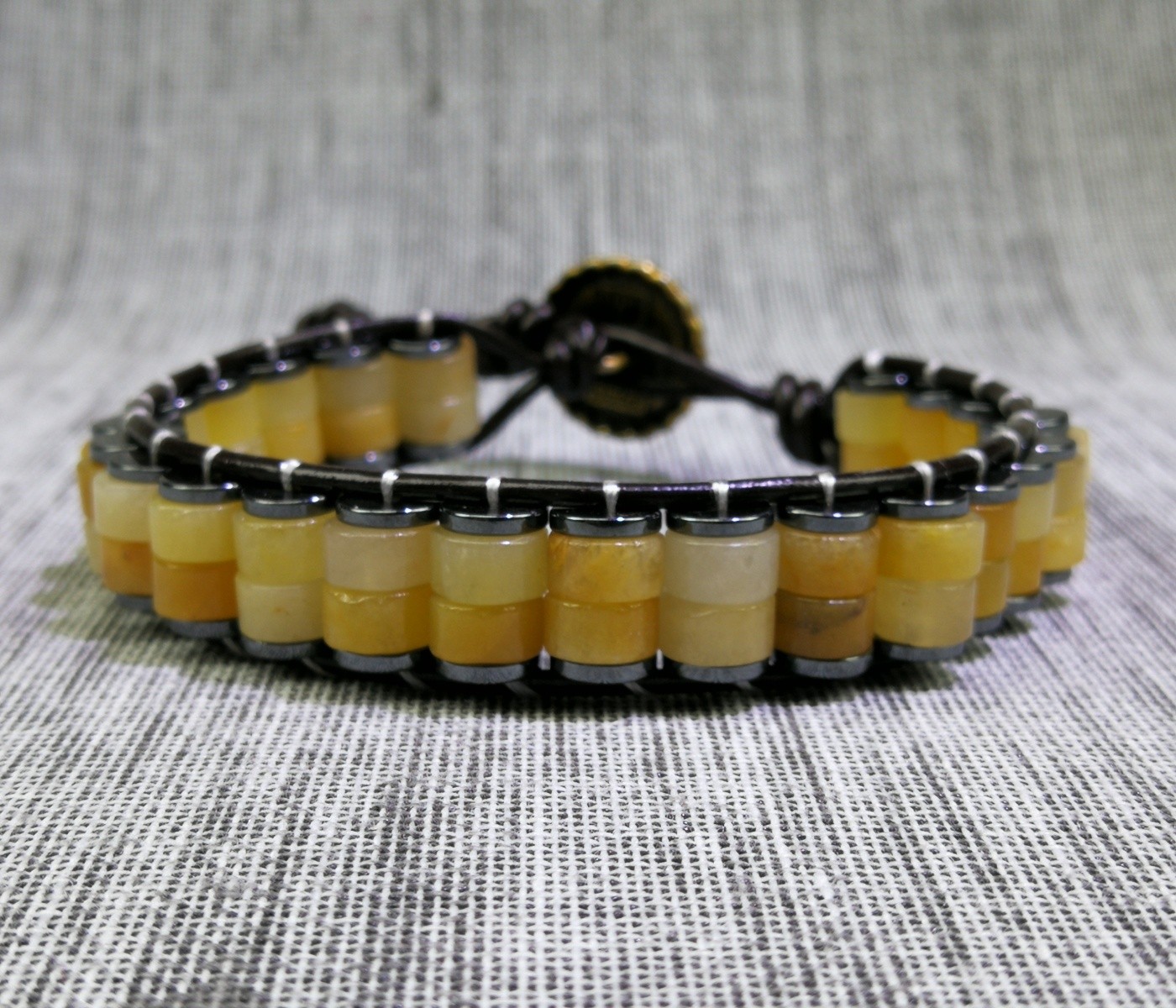 Hand-woven Natural Yellow Topaz 12mm Leather Gemstone Bracelet Healing Unisex