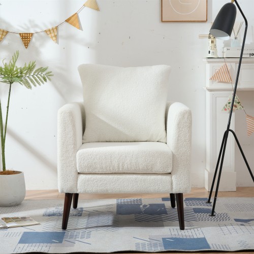 White Teddy Fabric Upholstered Club Chair Solid Wood Legs Lumbar Pillow Single