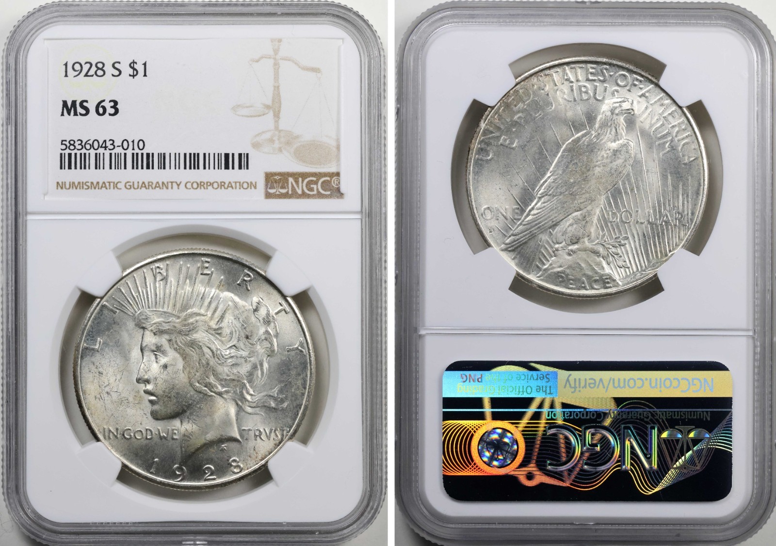 1928-S Peace Dollar NGC MS63 90% Silver MS 63