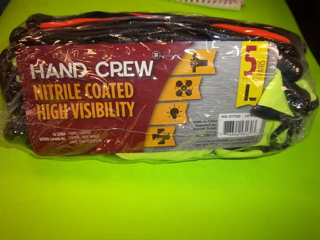 5 Pairs Hand Crew Nitrile Coated High Visibility Size Large Protective Gloves