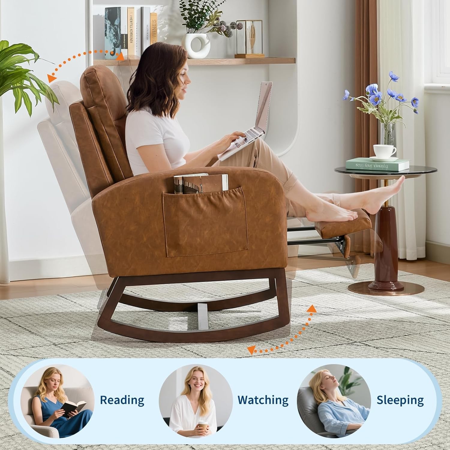 Rocking Chair with Foot Rest Recliner Armchair with High Backrest Side Pocket