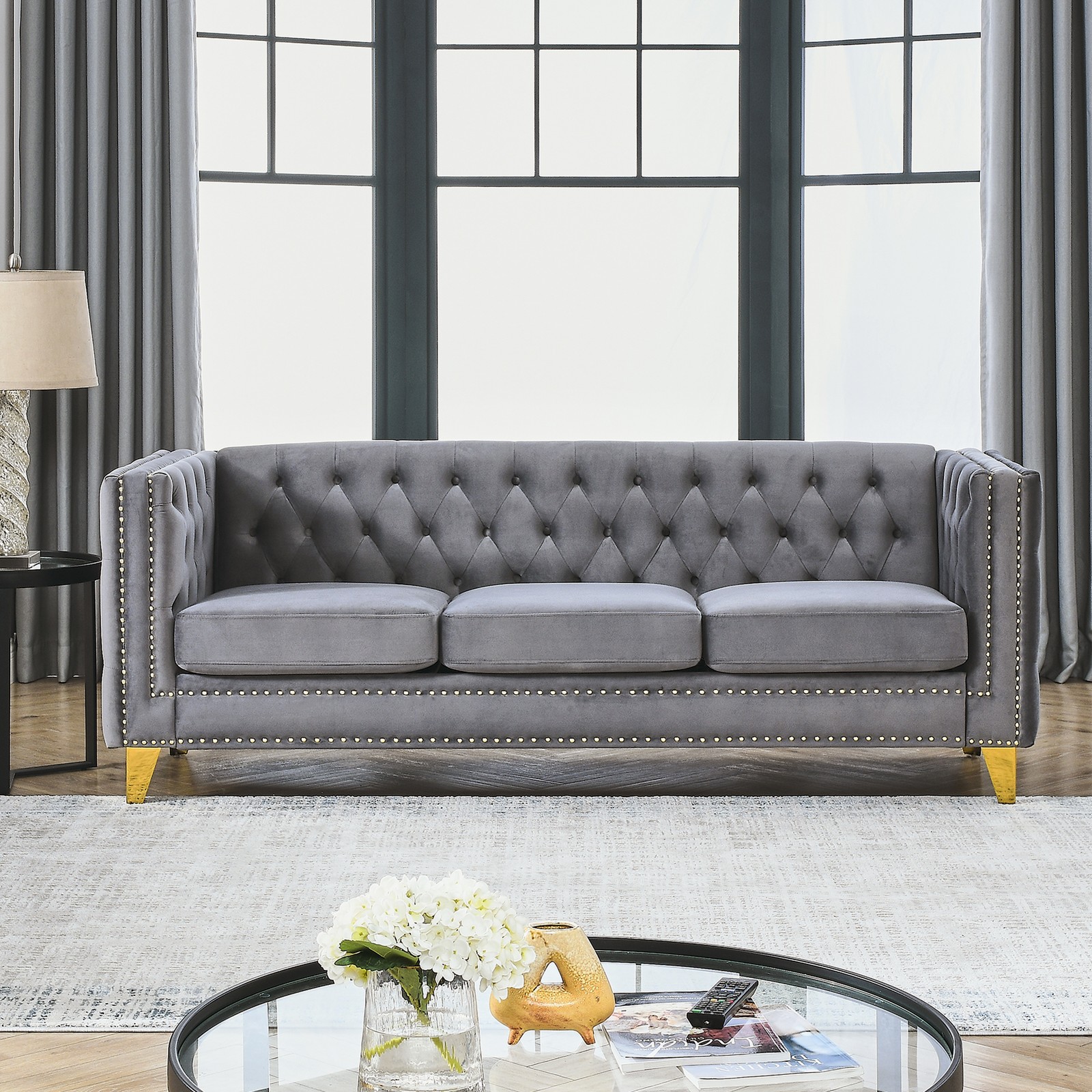 Velvet Sofa, Tufted Chesterfield Couch with Metal Legs, Gray