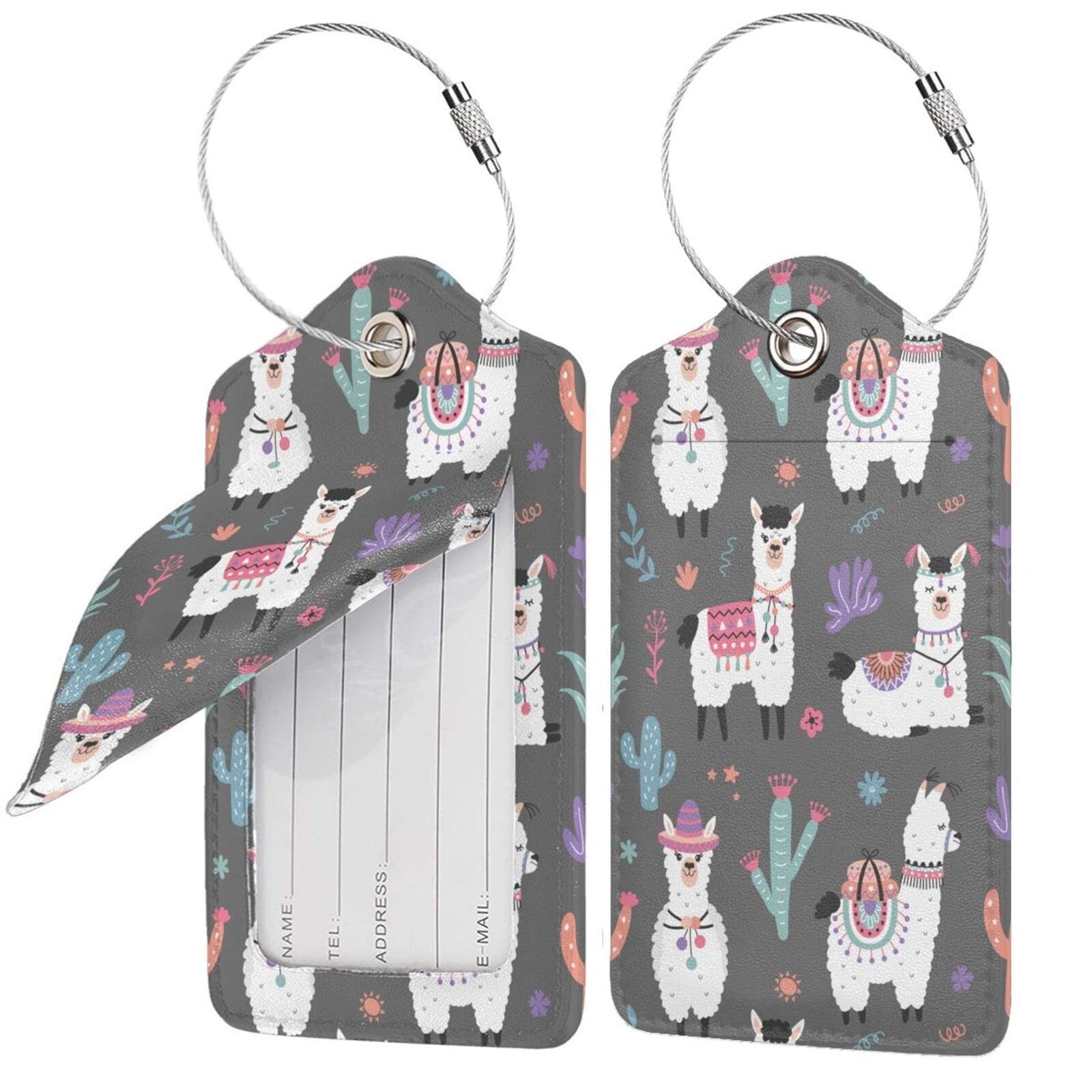 Cute Llama 2 Pcs Leather Luggage Tags Suitcase Label with Steel Loop | Privac...