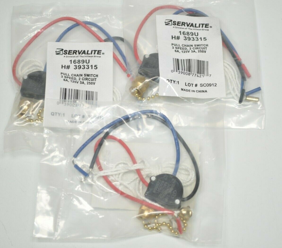 Lot of 3 Servalite Pull Chain Rotary Appliance Switch 3-Speed 2-Circuit 1689U