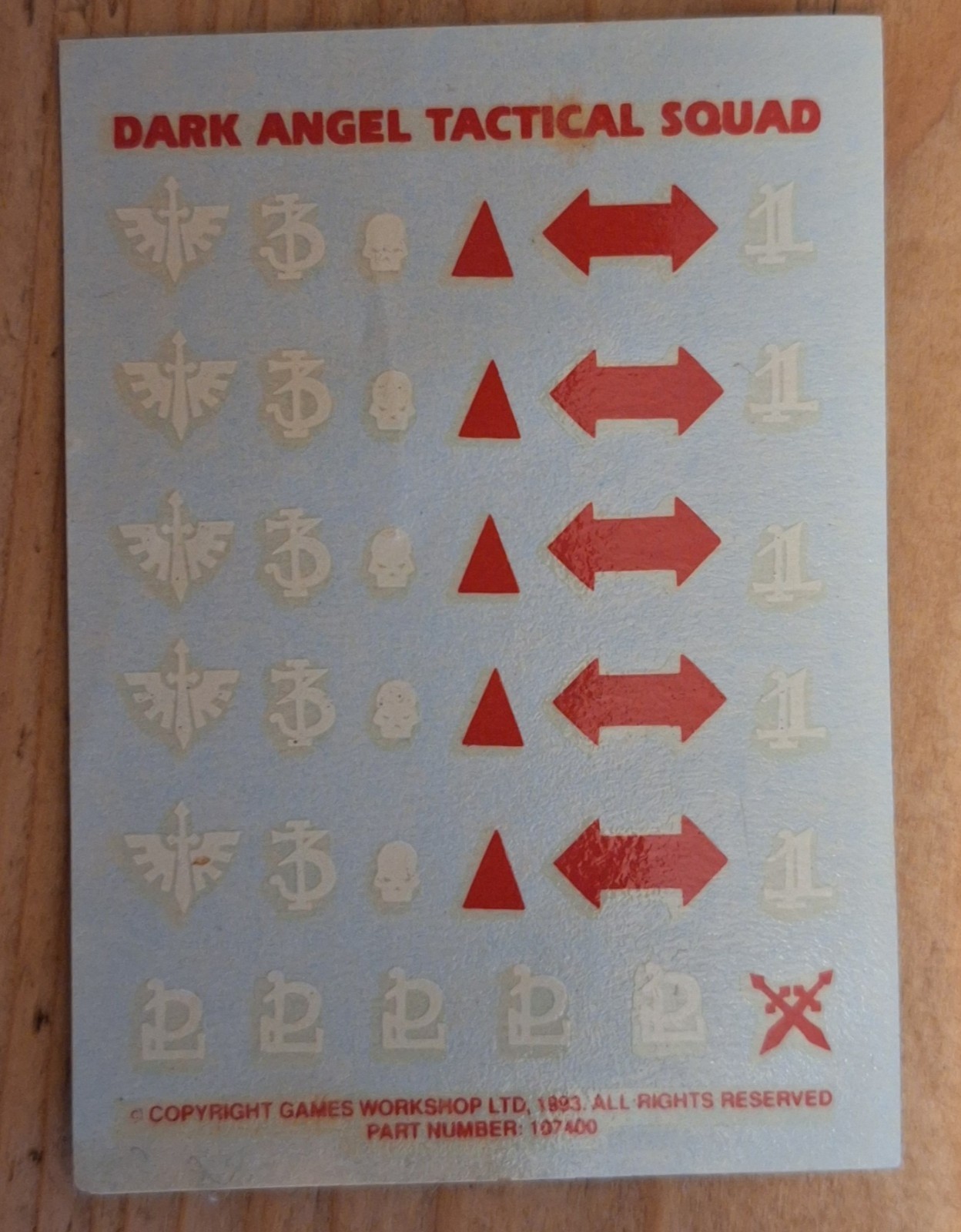 Dark Angel Tactical Squad Transfer Decal Sheet 1993 Space Marine Angels