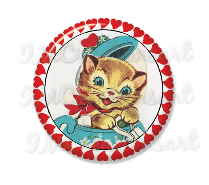 Sweet Retro Valentine's Day Cat in Teapot Pocket Mirror, Magnet, or Pin 2.25"