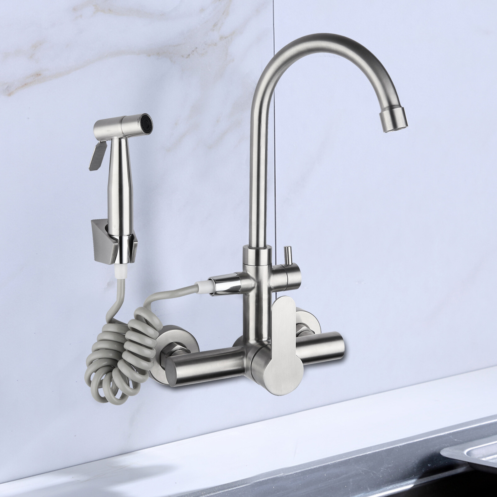 Commercial Sink Faucet Wall Mount 360° Rotation Kitchen Faucet Stainless Steel