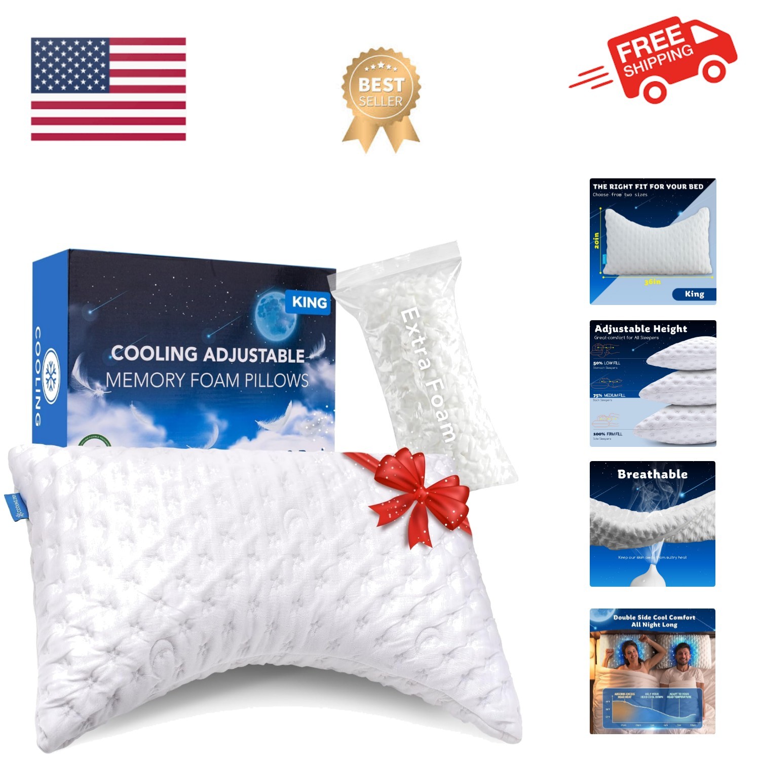 Cooling Side Sleeper Pillow for Neck and Shoulder Pain, Luxury Shredded Memor...