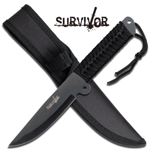 Survivor 9" Black Fixed Blade Hunting Knife W/ Black Cord Wrapped Handle New