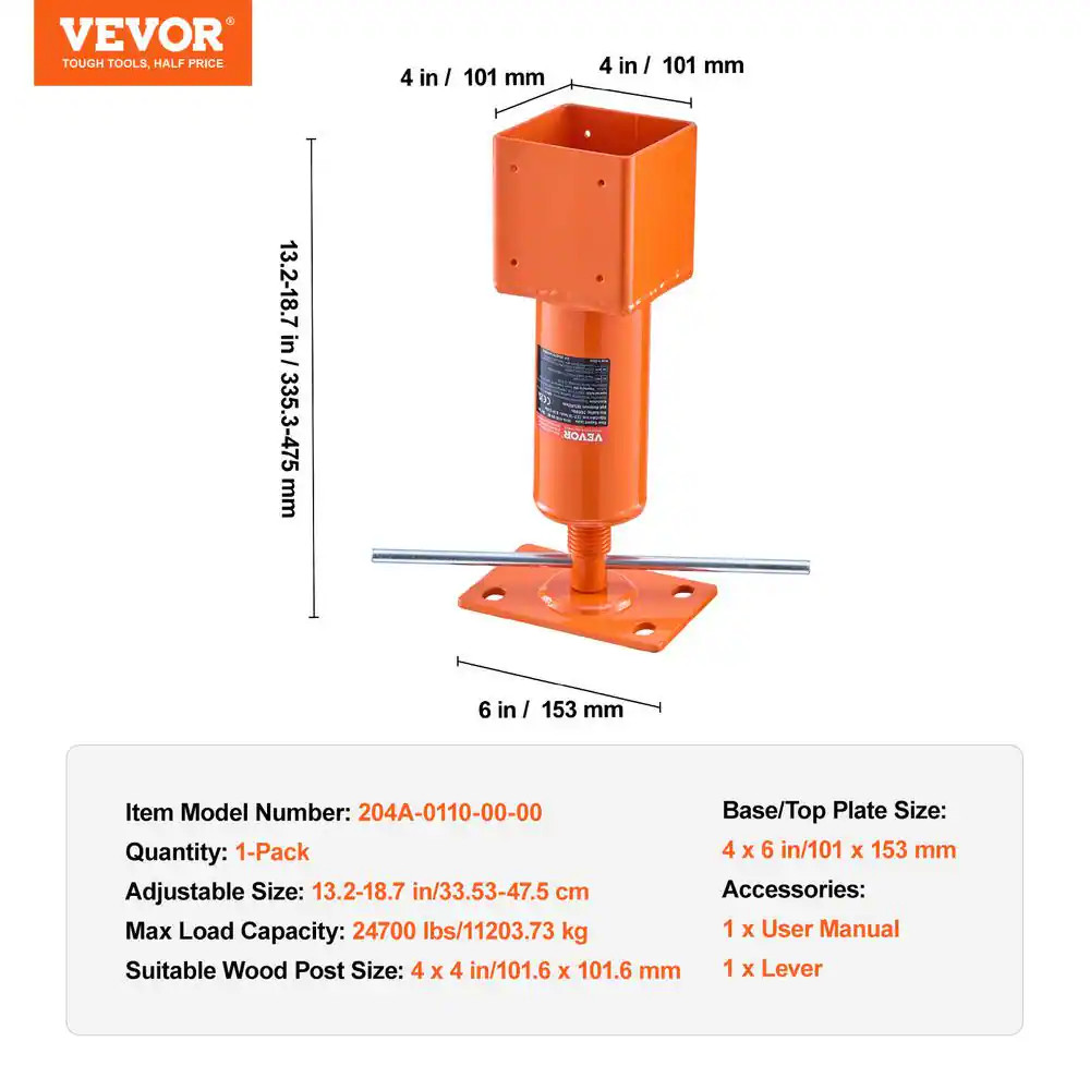 Screw Jack Post, 4 X 4 In. 13.2 -18.7 In. Height Range, 24,700 Lbs. Max Load Cap