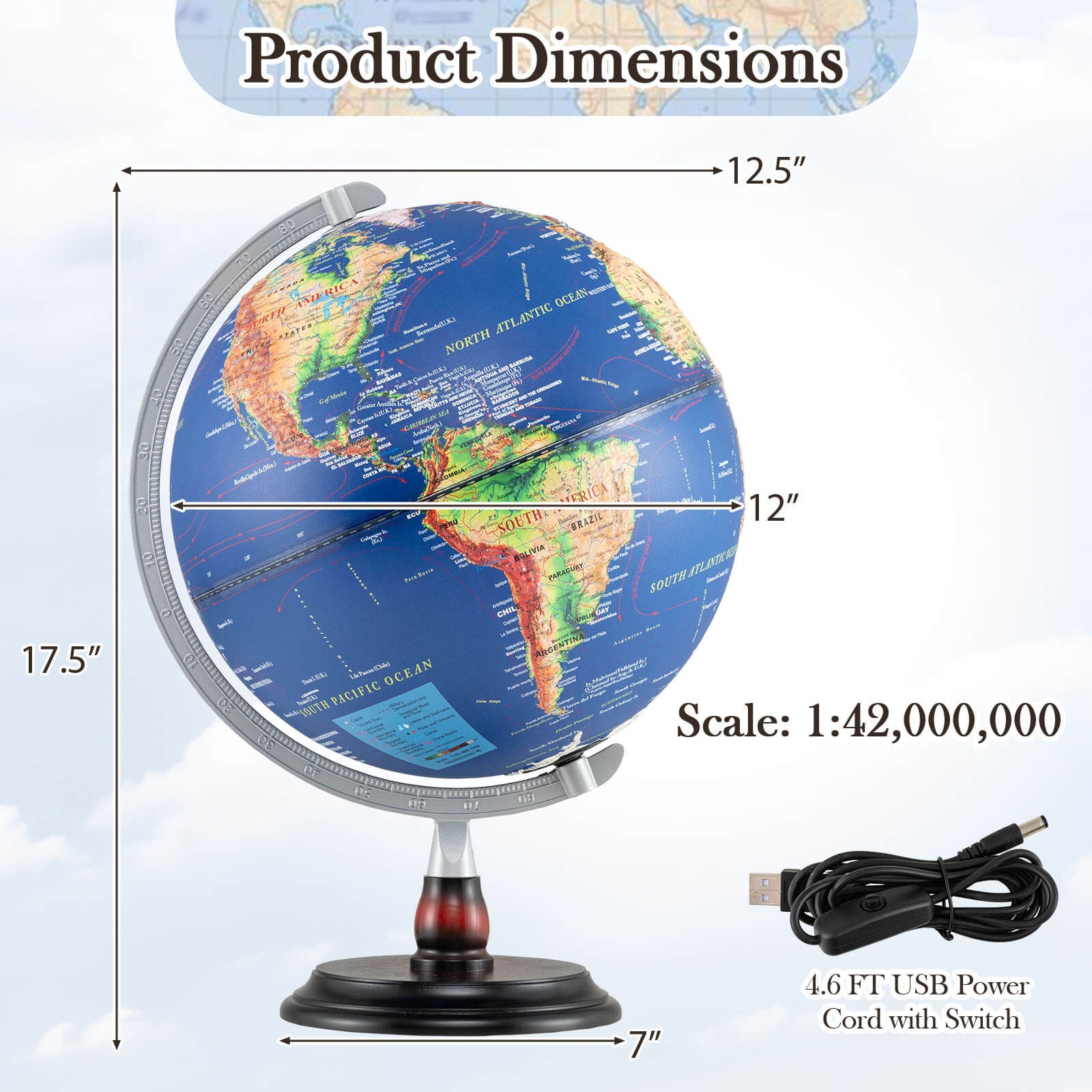 12" Illuminated World Globe w/Raised Relief LED Lights & Time Zone Non-Slip Base